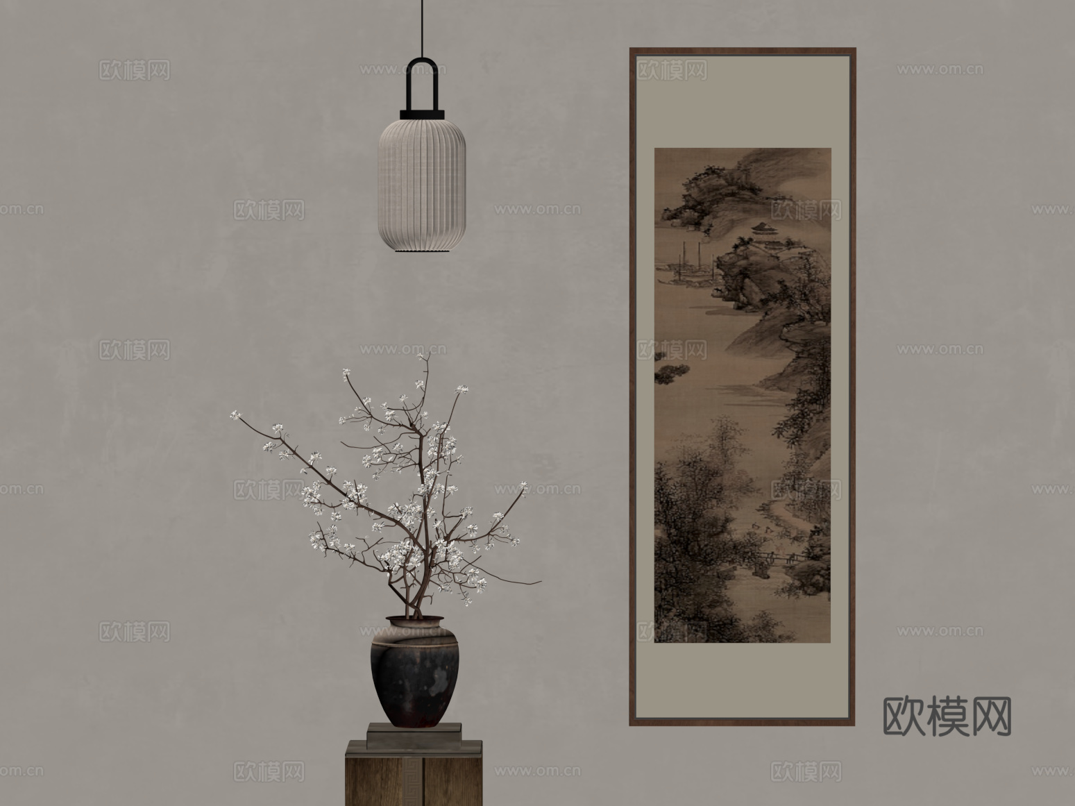 11新中式挂画 花瓶 吊灯su模型