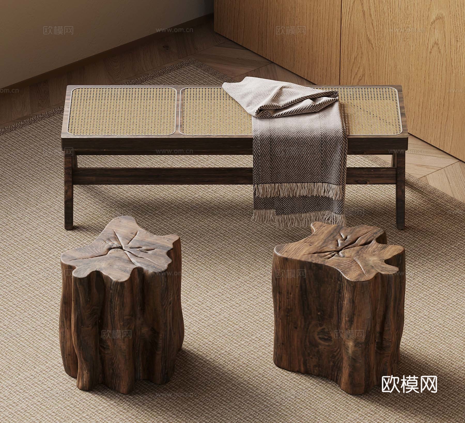 28中古风藤编长凳 藤编条凳 木墩 实木木凳3d模型