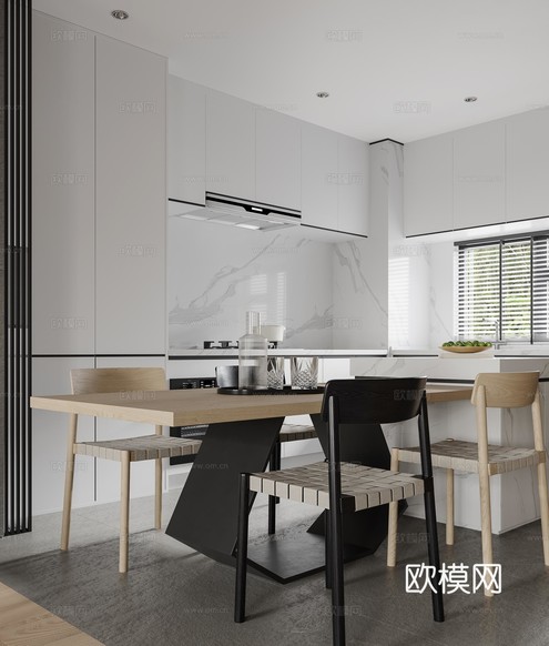 現(xiàn)代簡(jiǎn)約餐廳 原木餐桌 島臺(tái)3d模型下載