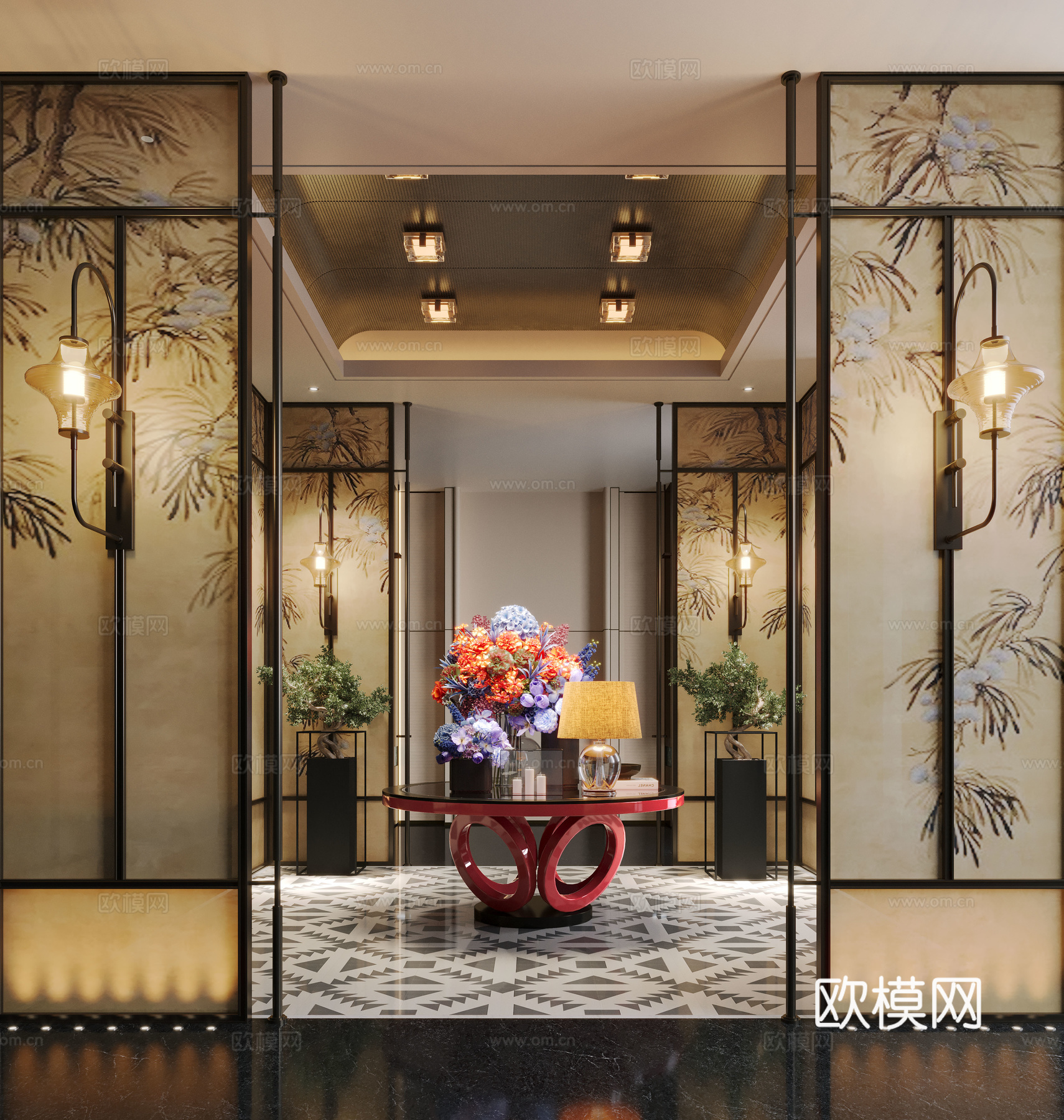 现代大厅 酒店大厅 会所大厅 花艺摆台组合 屏风隔断3d模型