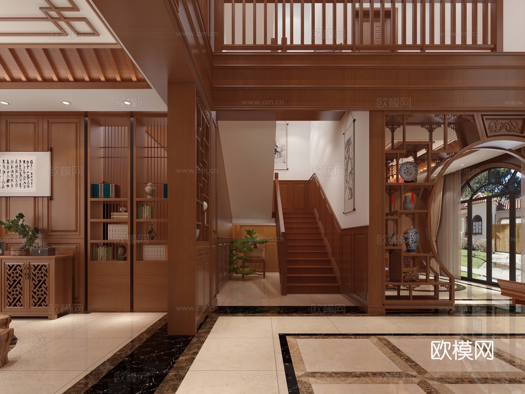 中式客餐厅 沙发 装饰画 吊灯3d模型