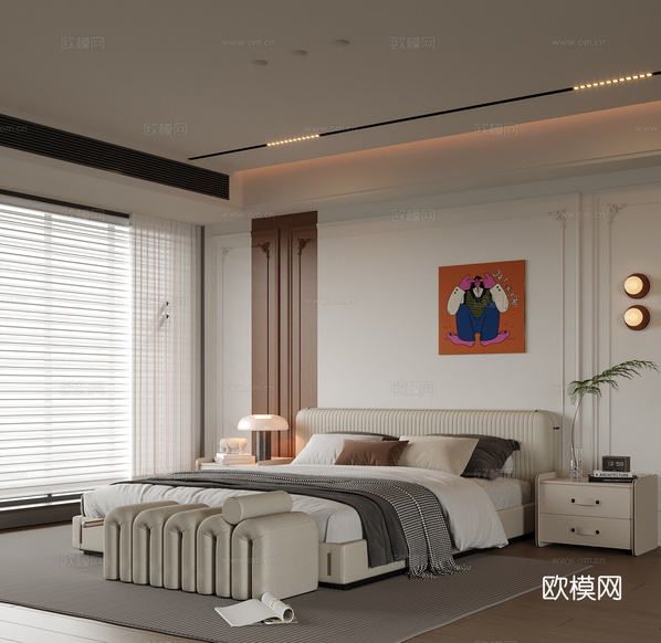 現(xiàn)代臥室 雙人床 床頭柜 床尾凳3d模型下載