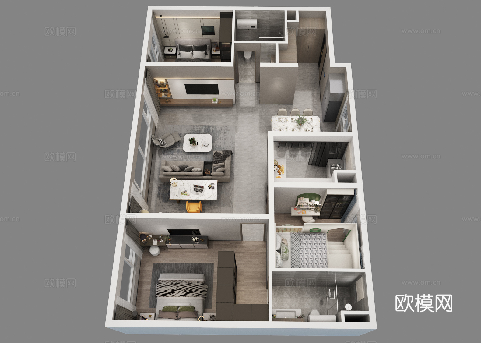 现代家装样板间鸟瞰图3d模型