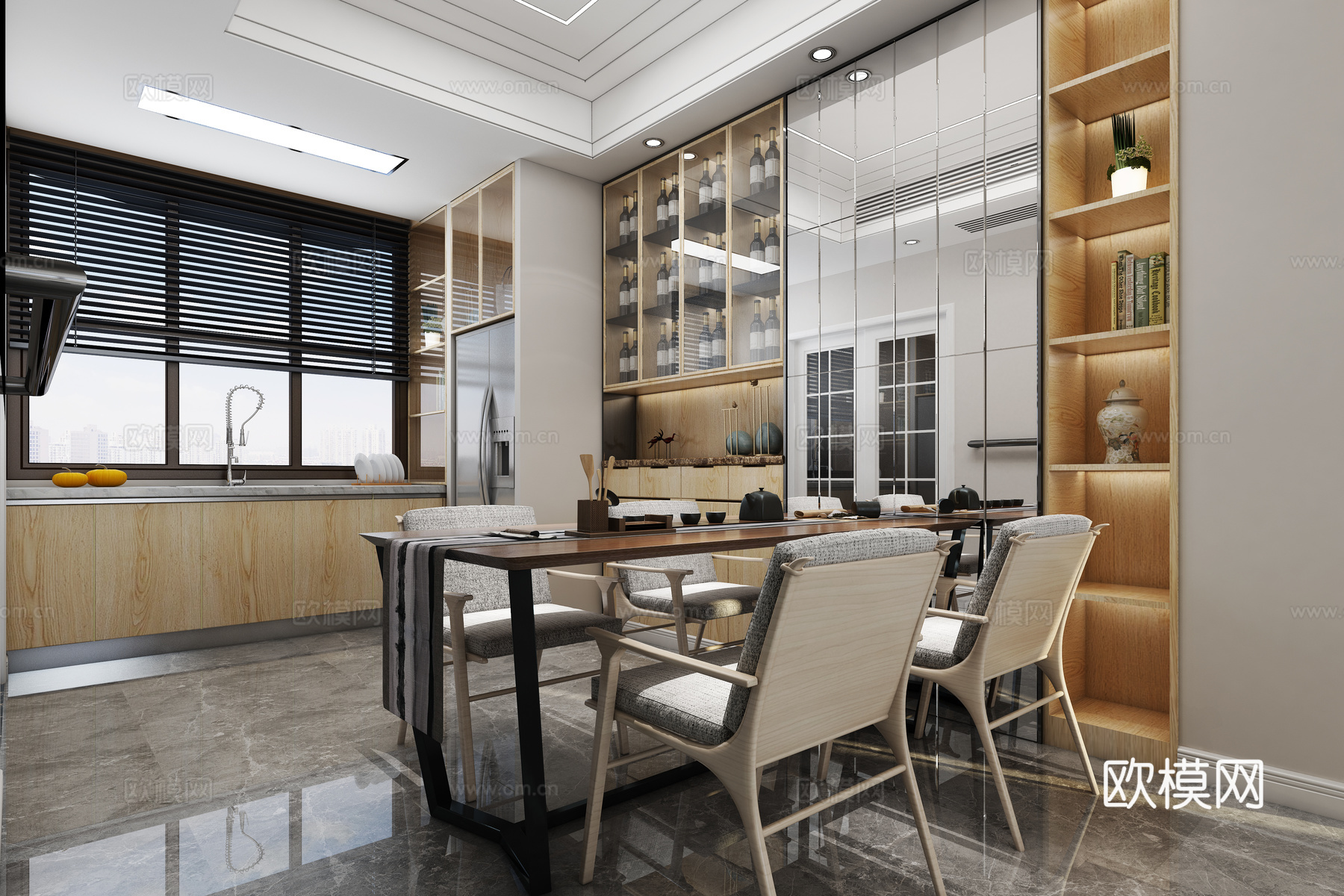 现代客餐厅 沙发 茶几 吊灯 电视柜 挂画 边柜 餐桌椅3d模型