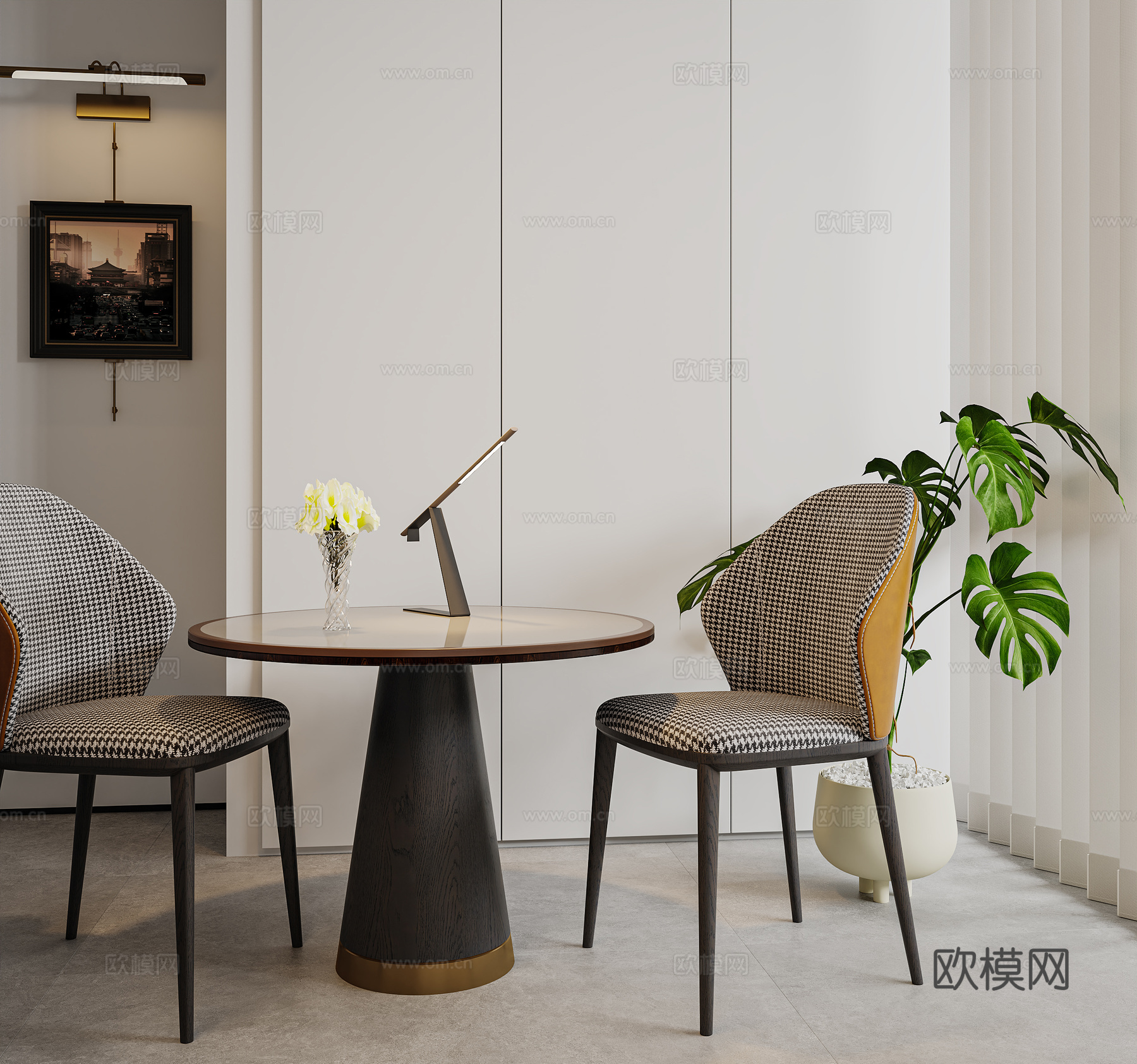 北欧风桌椅组合  休闲椅办公椅 中古风挂画壁灯3d模型