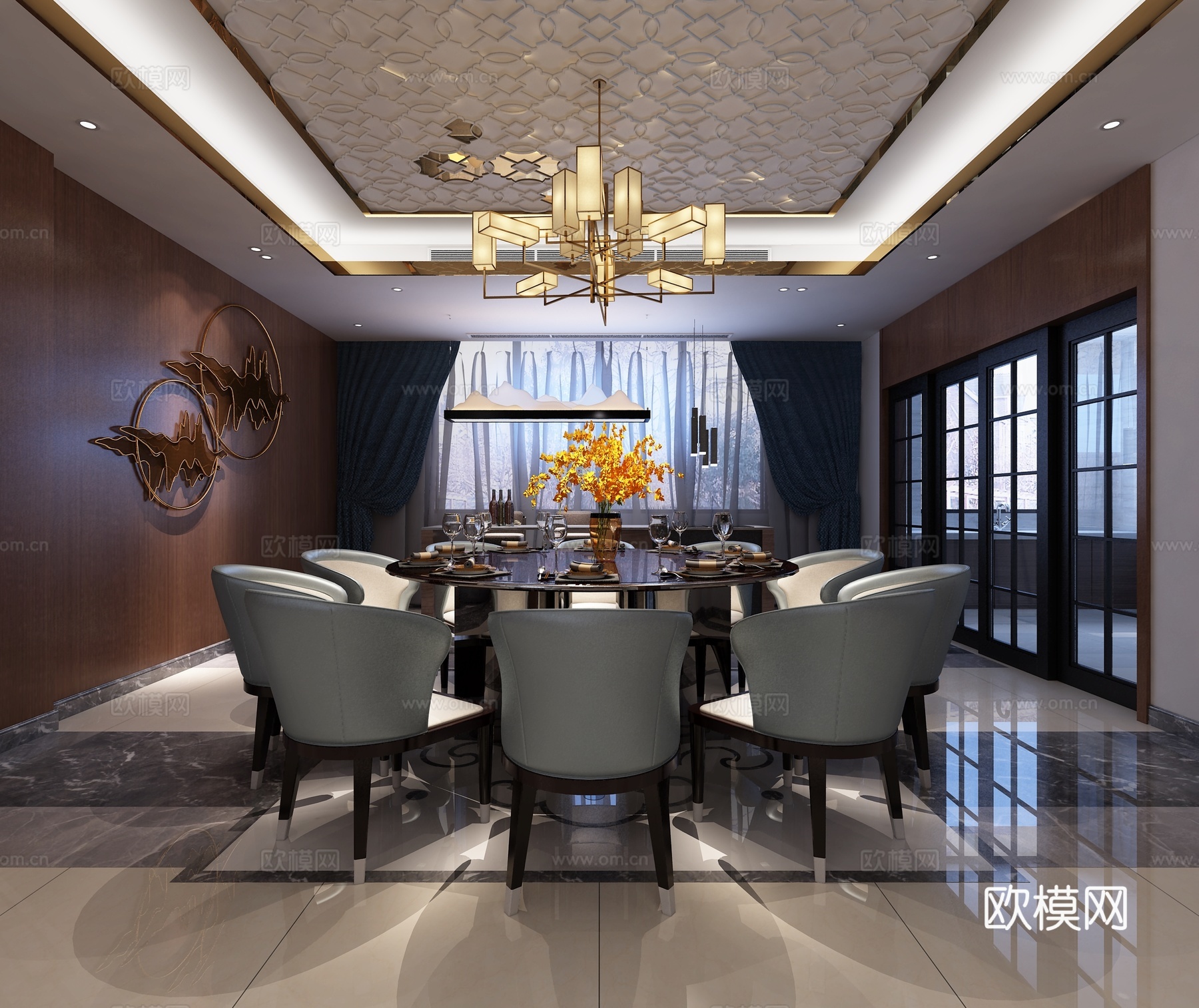 新中式客餐厅 吊灯 餐桌 壁画 电视背景3d模型