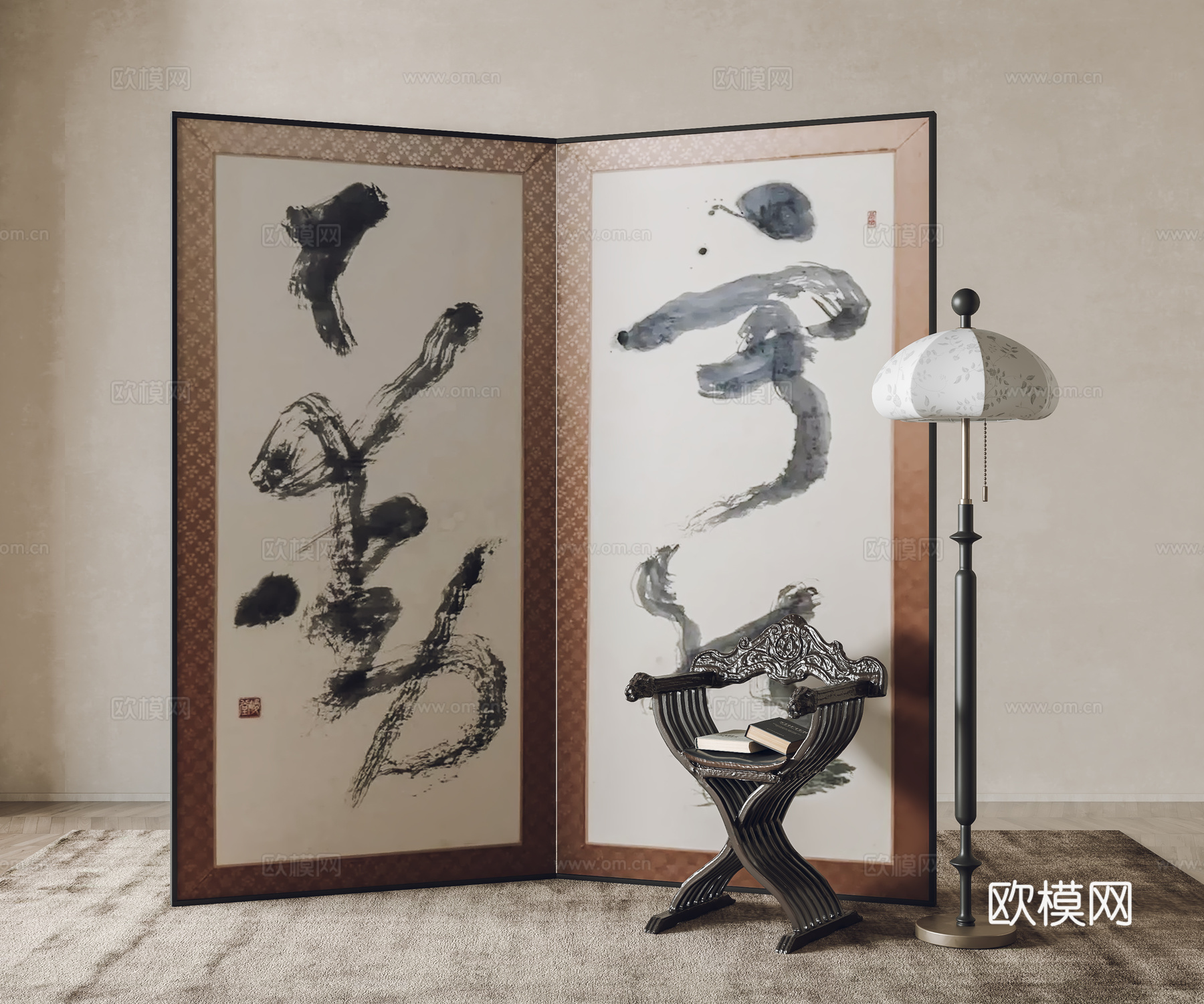 新中式屏风 隔断 单椅 落地灯3d模型