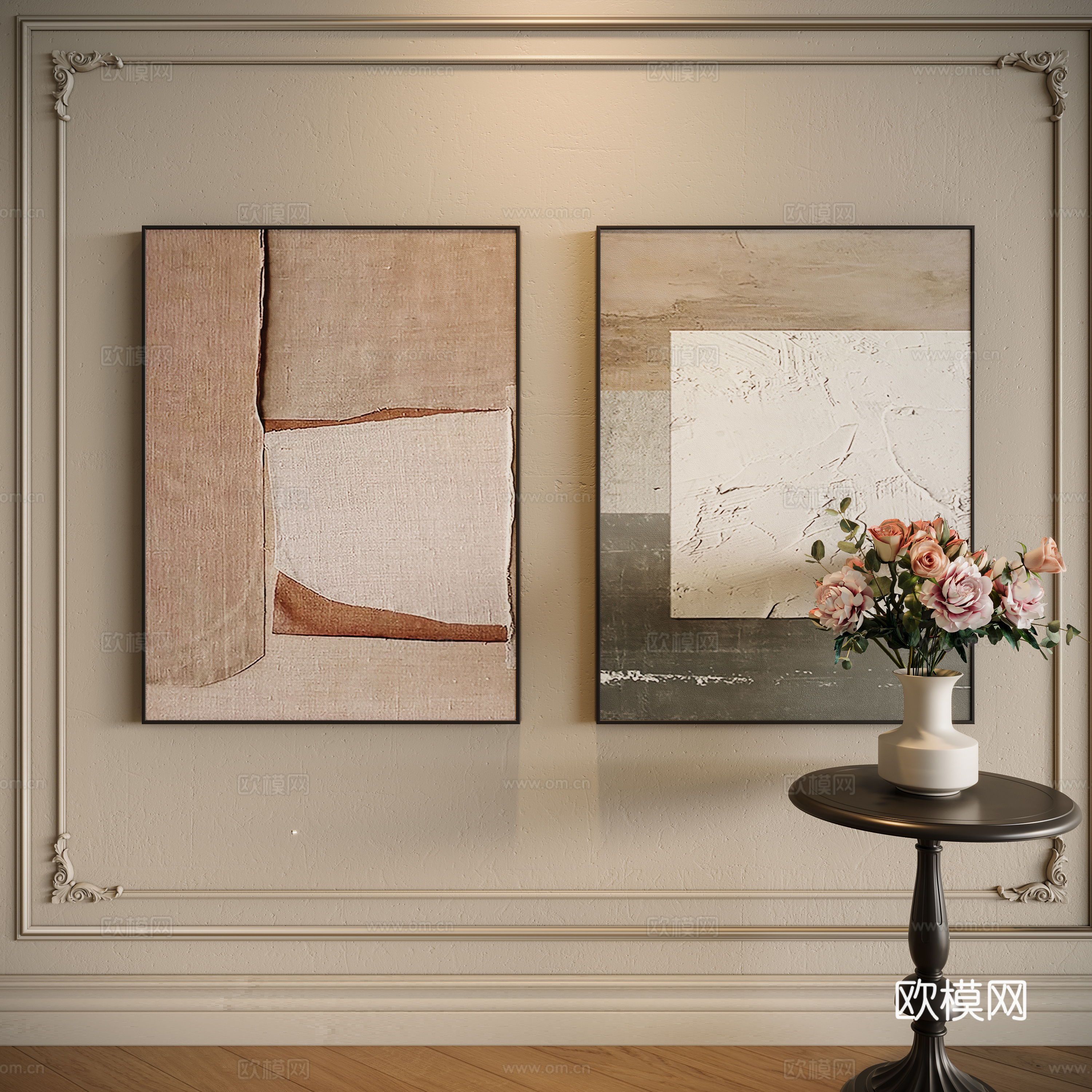 现代中古组合装饰画su模型下载（渲染图1）