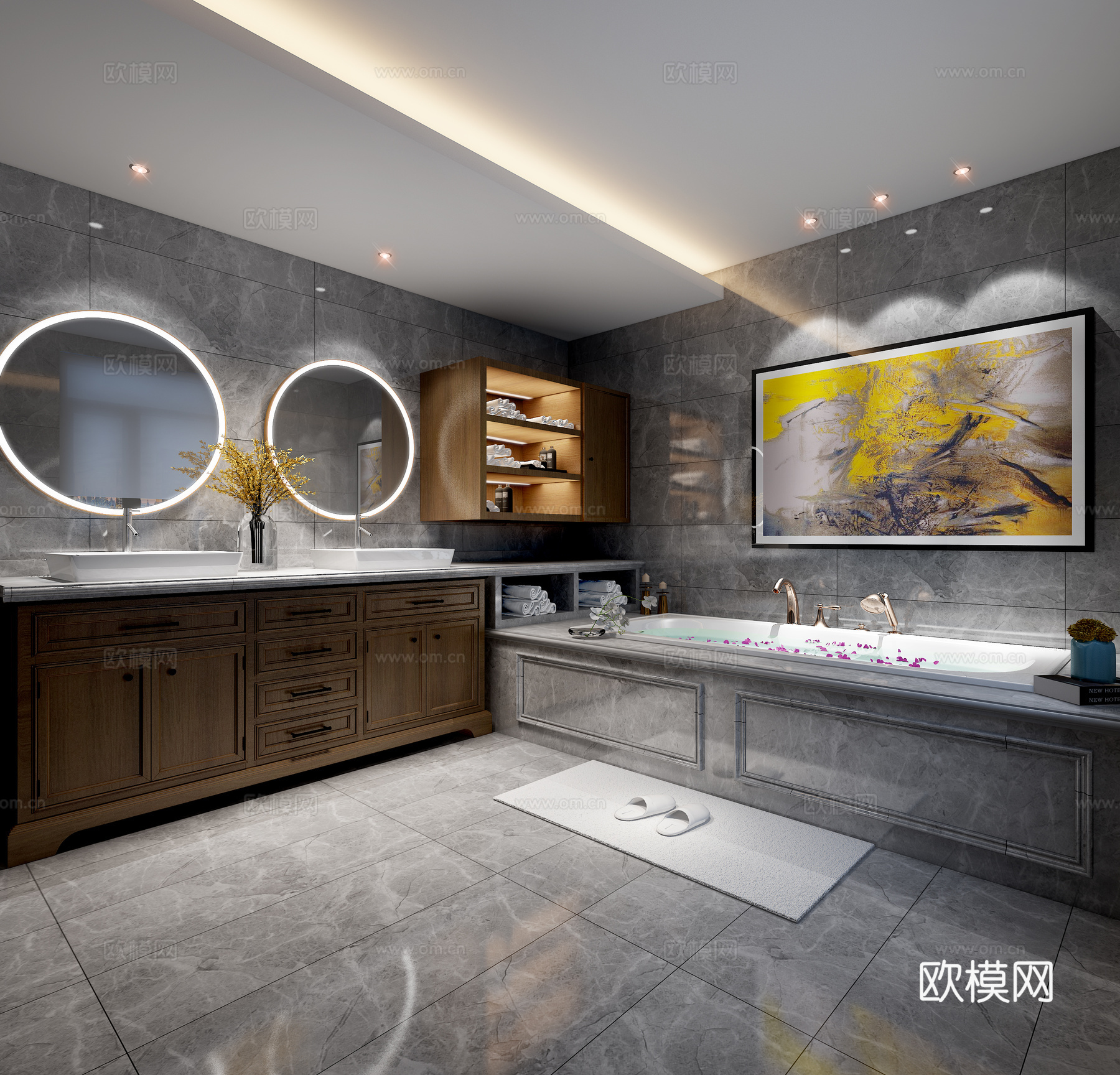 简欧卫生间 圆镜 壁龛浴缸3d模型