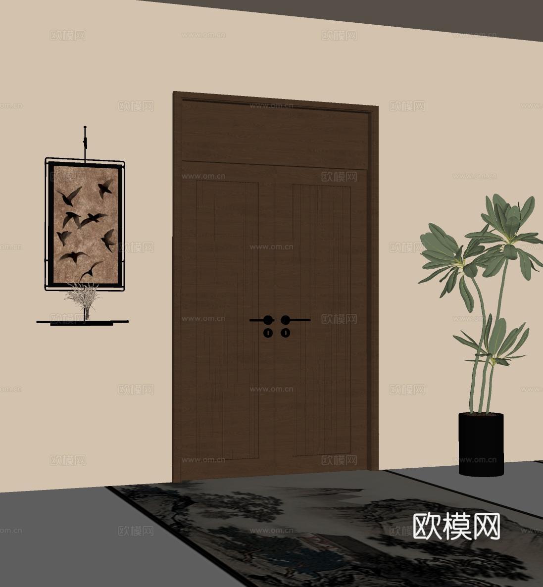 中古风木质双开门su模型