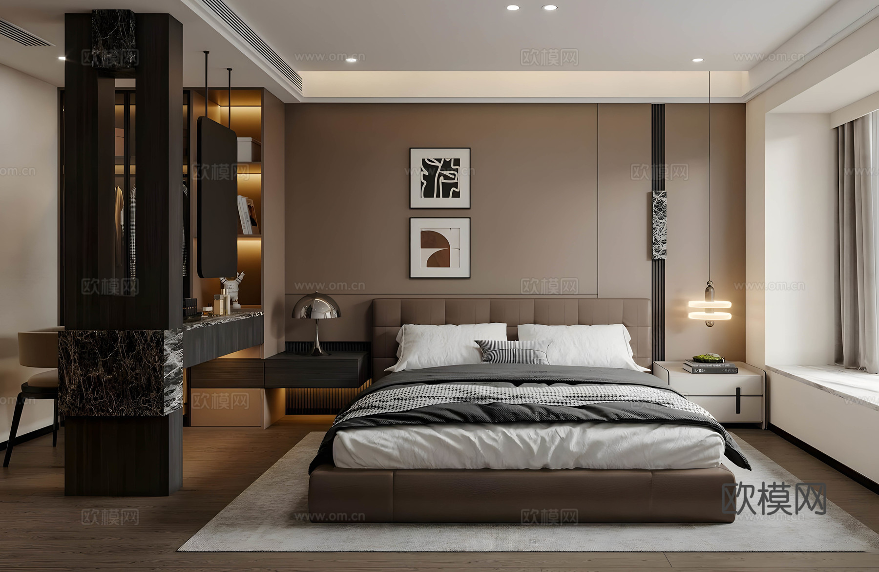 现代意式家居卧室 意式轻奢家居卧室 意式靠背双人床 无主灯su模型