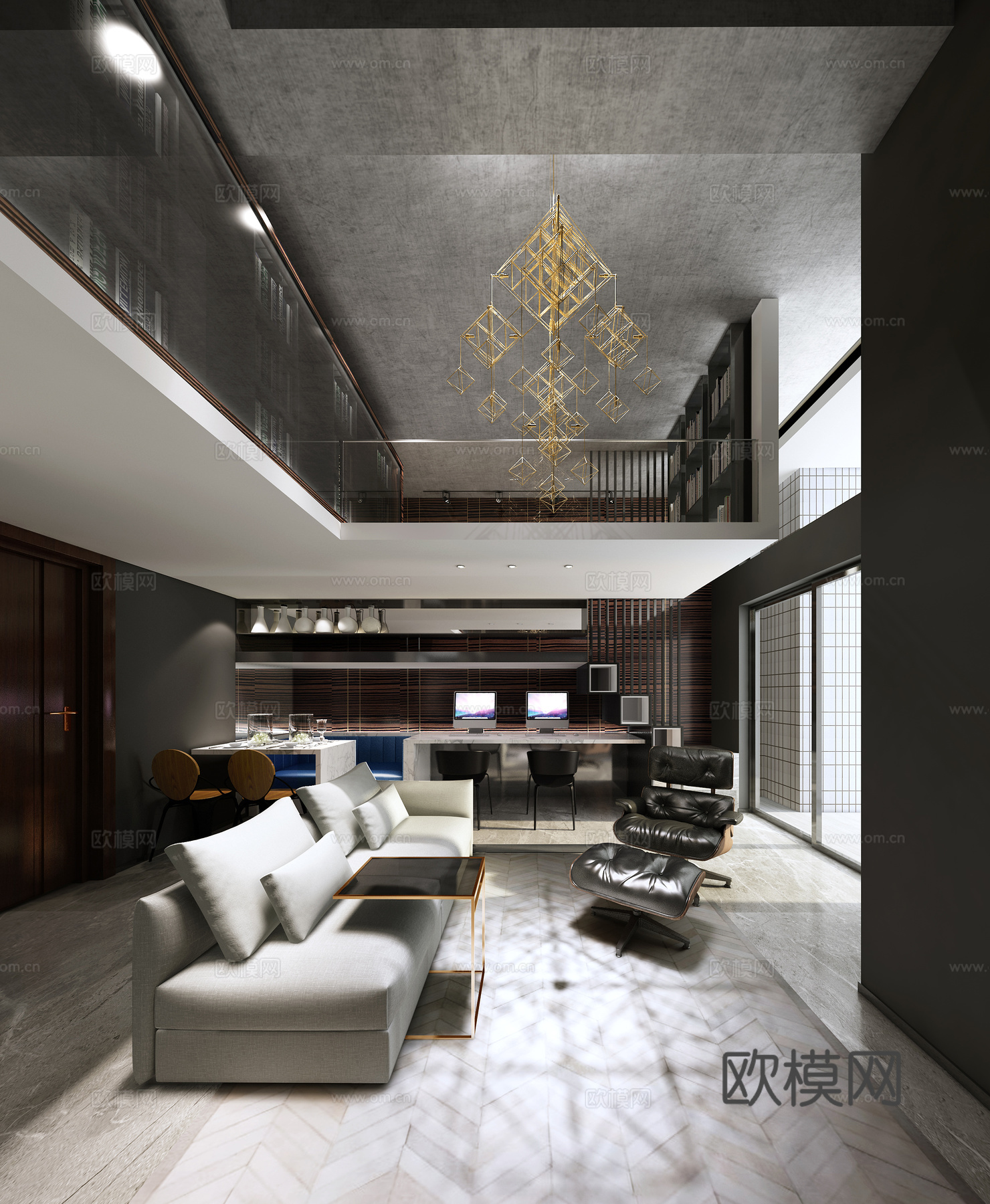 现代家装客厅 loft客厅沙发茶几 吊灯3d模型