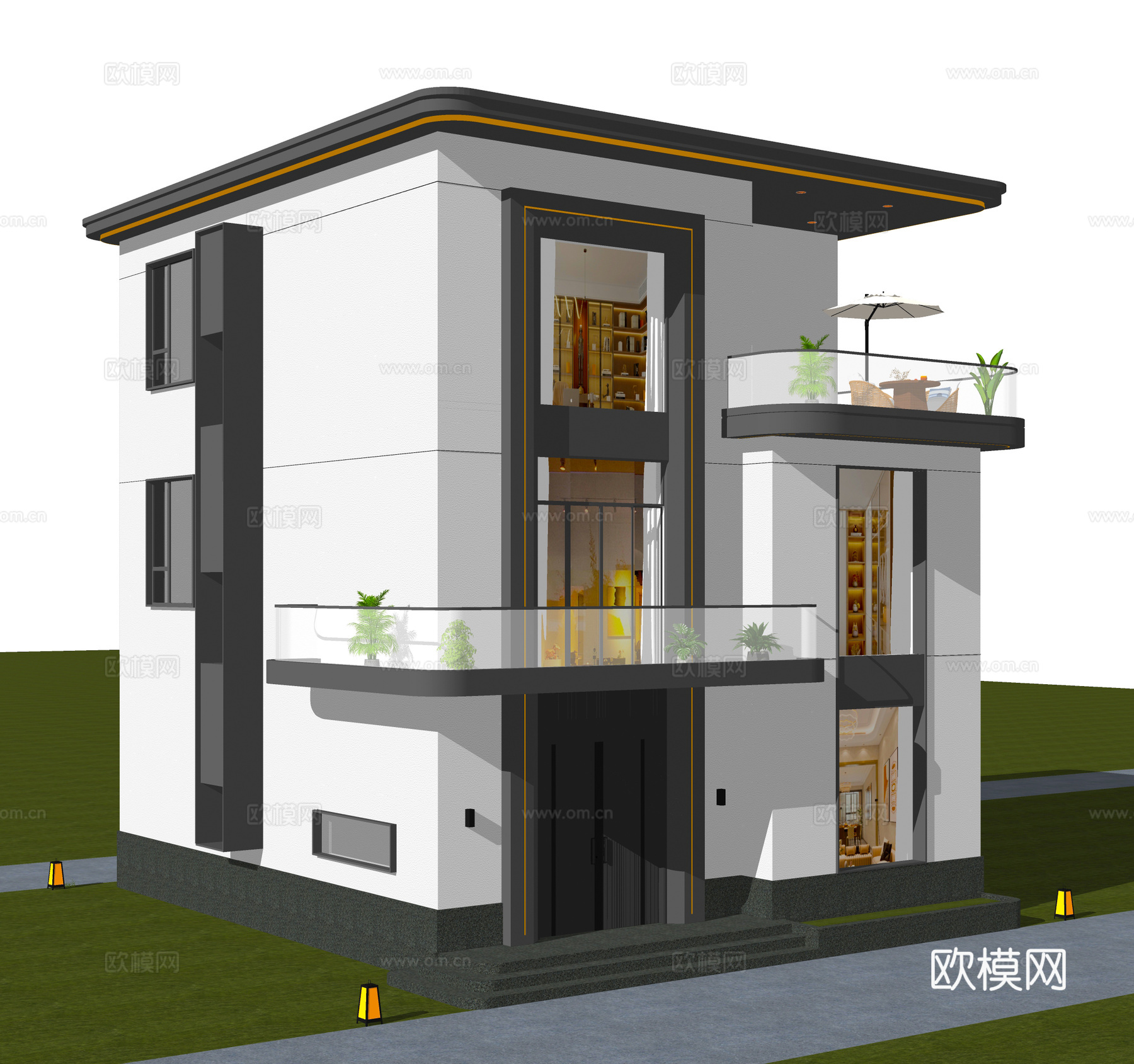 现代独栋别墅 导圆角三层 自建房别墅 轻奢港式民房 平顶灯带su模型