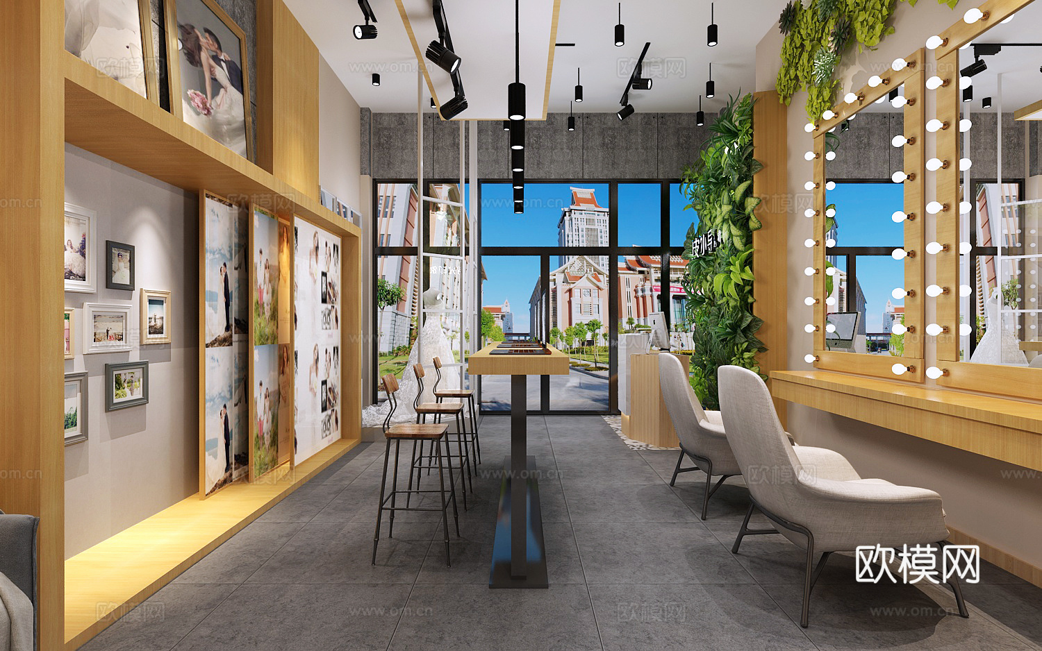 工业风婚纱店 绿植墙 相册展示 婚纱3d模型