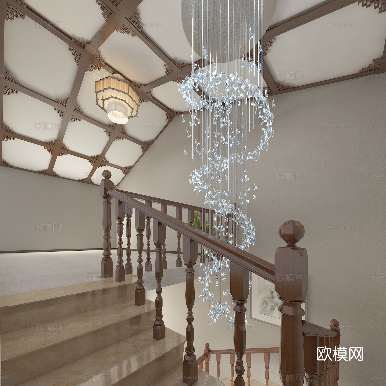 新中式客餐厅 人字顶 吊灯 餐桌椅3d模型