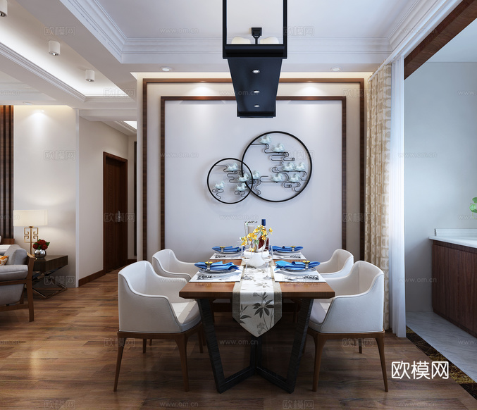 新中式現(xiàn)代中式客餐廳3d模型下載(渲染圖1)