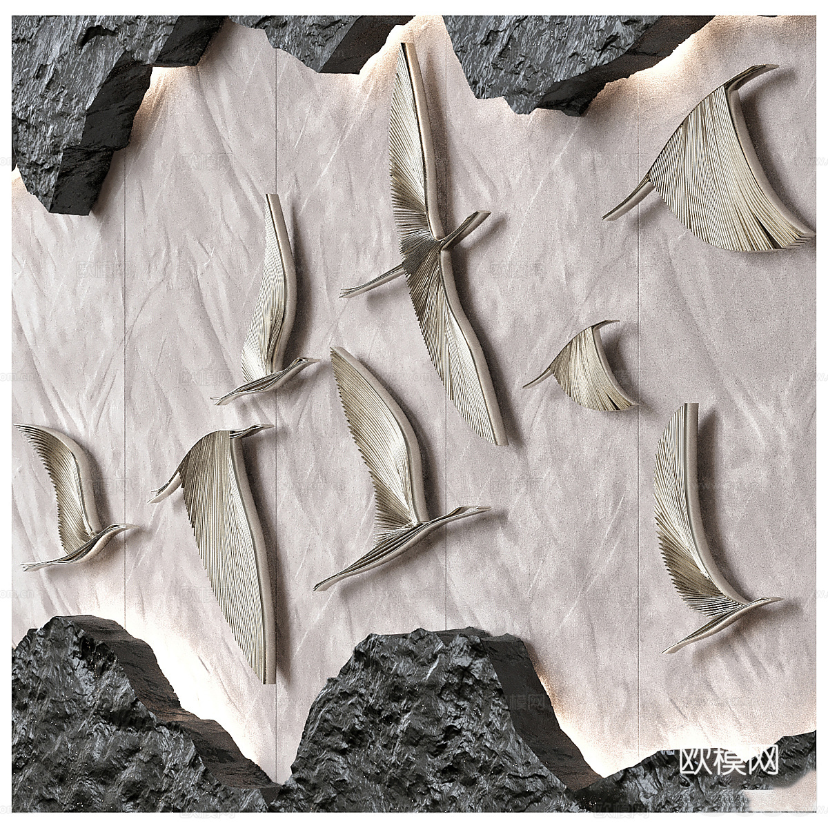 新中式轻奢飞鸟浅浮雕挂饰3d模型
