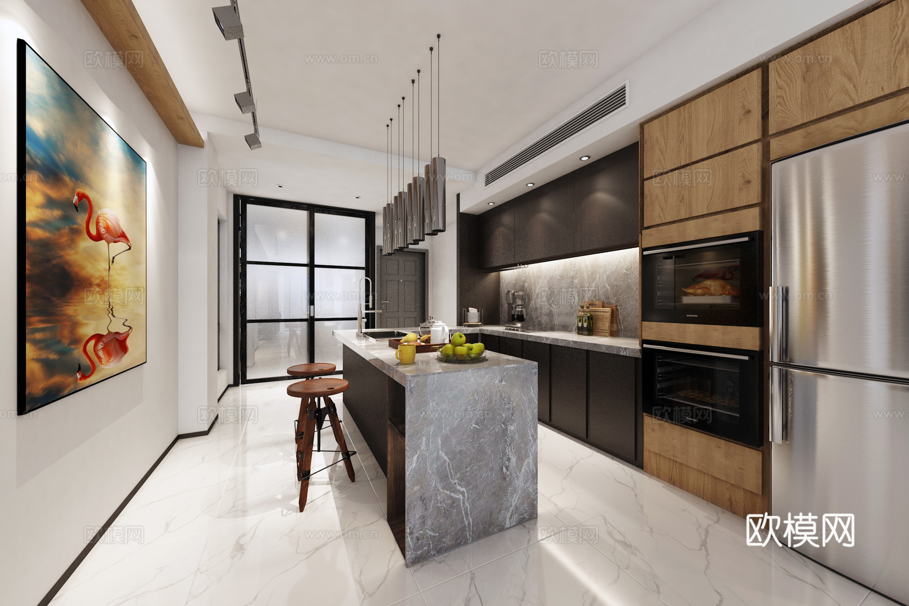 工业风loft客厅厨房 沙发茶几 吊灯 吧台吧椅 橱柜 架子3d模型