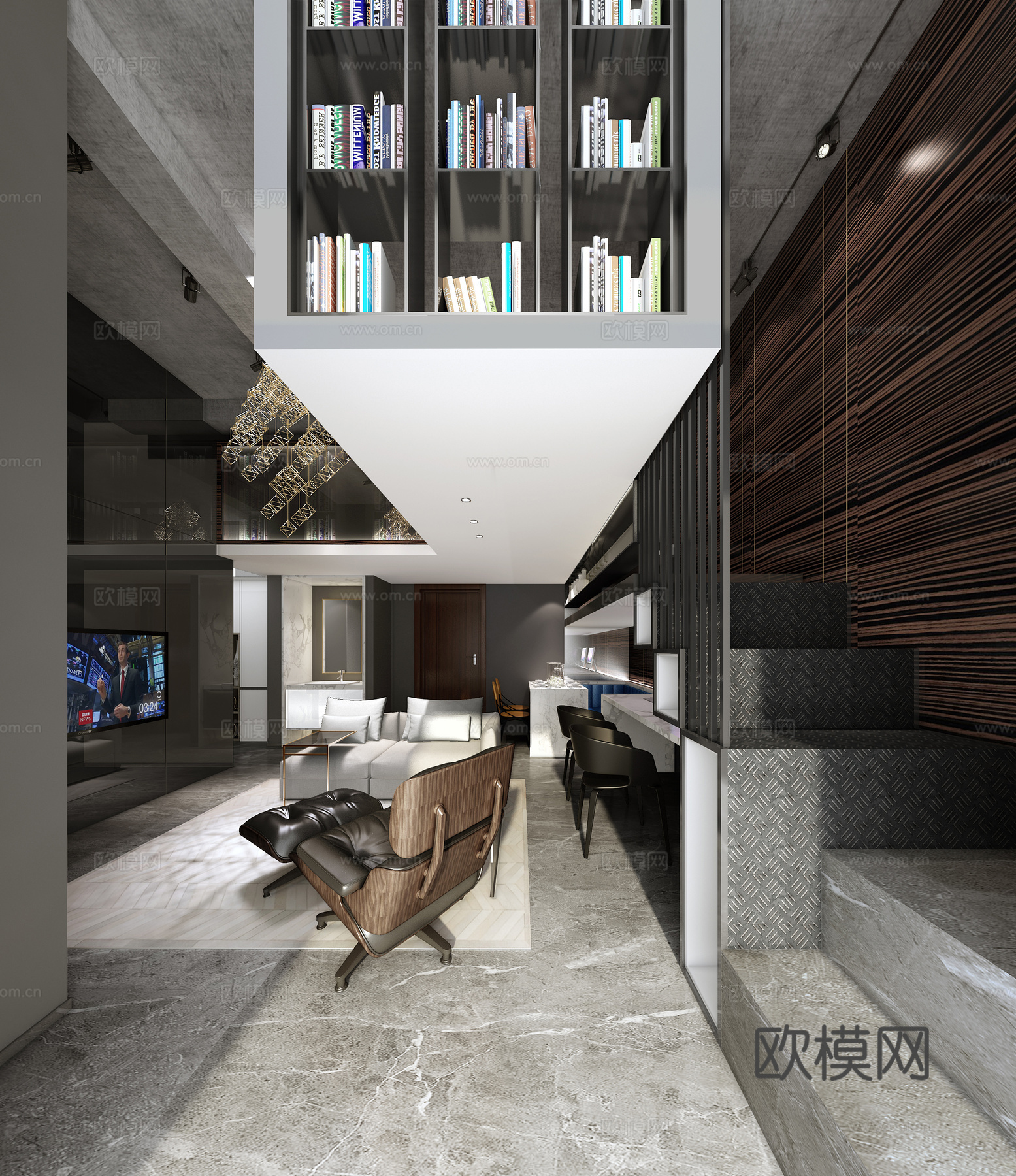 现代家装客厅 loft客厅沙发茶几 吊灯3d模型