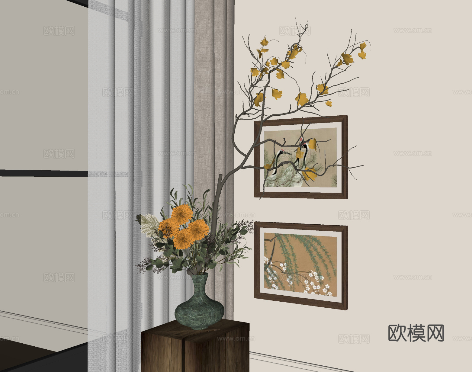 花艺摆件 花艺花瓶 插花花艺 中式挂画su模型