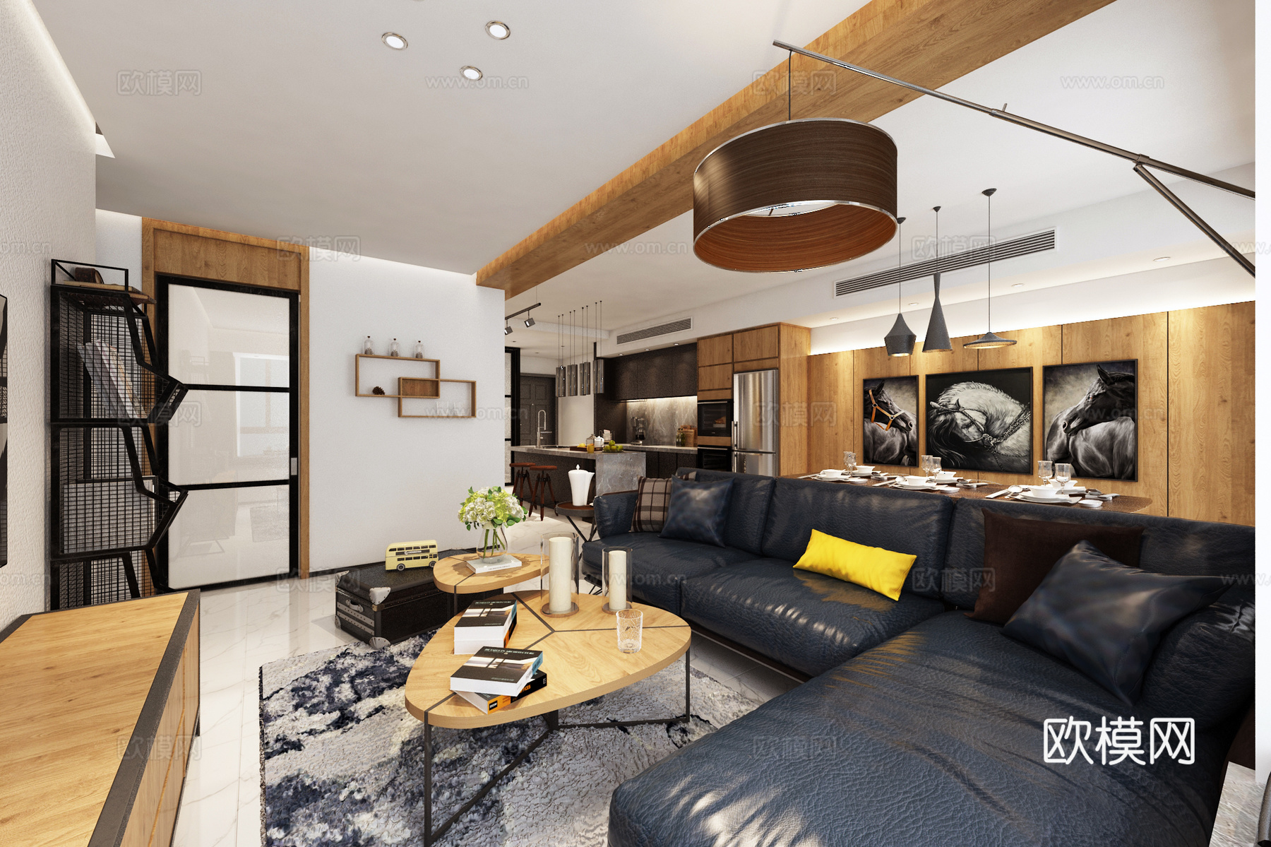 工业风loft客厅厨房 沙发茶几 吊灯 吧台吧椅 橱柜 架子3d模型
