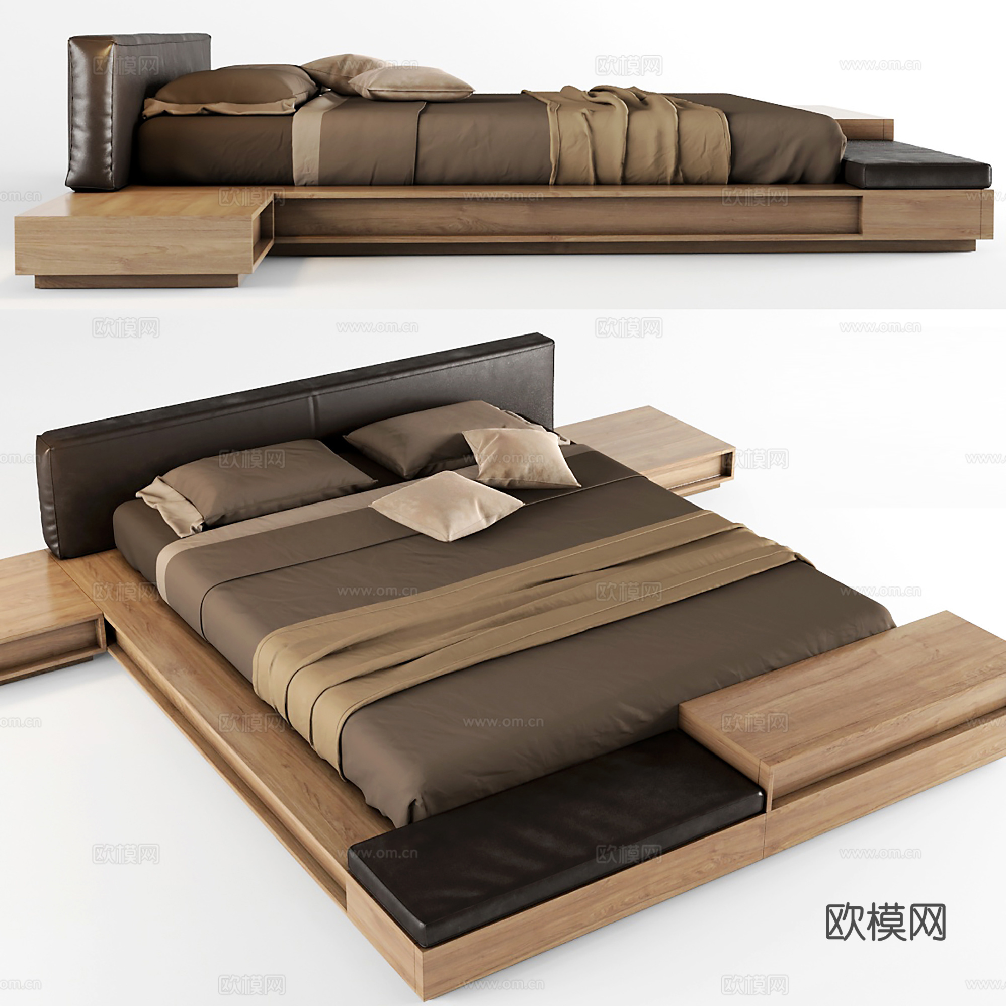 中古风双人床   床头柜  床上用品su模型