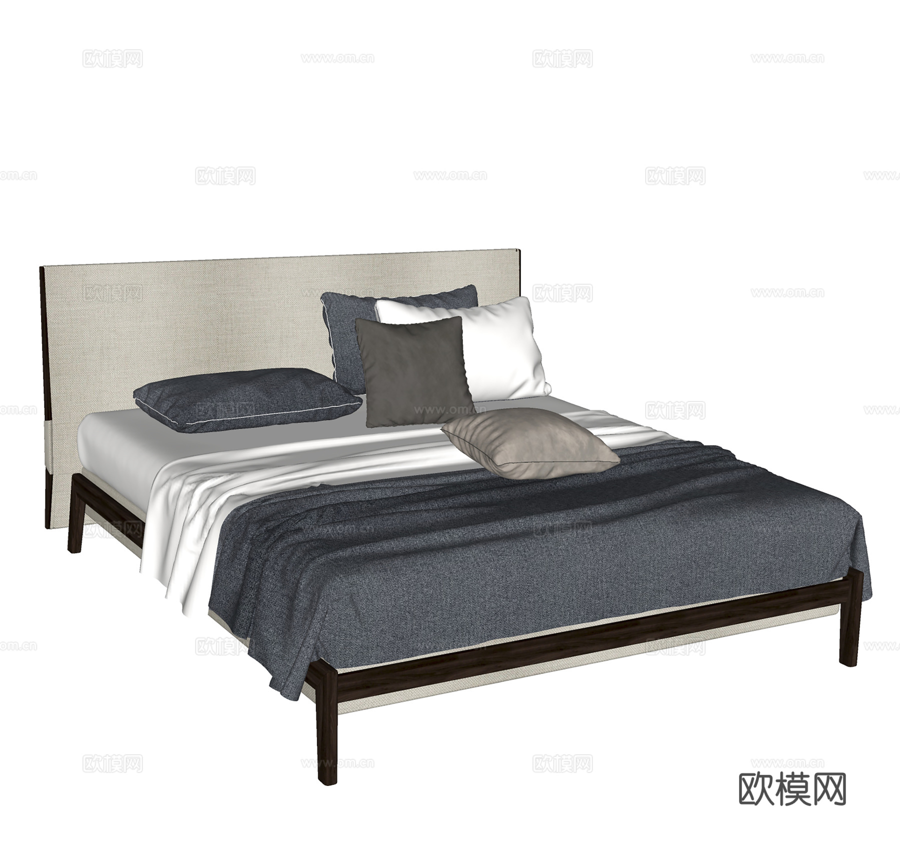 现代双人床 布艺床 床上用品su模型