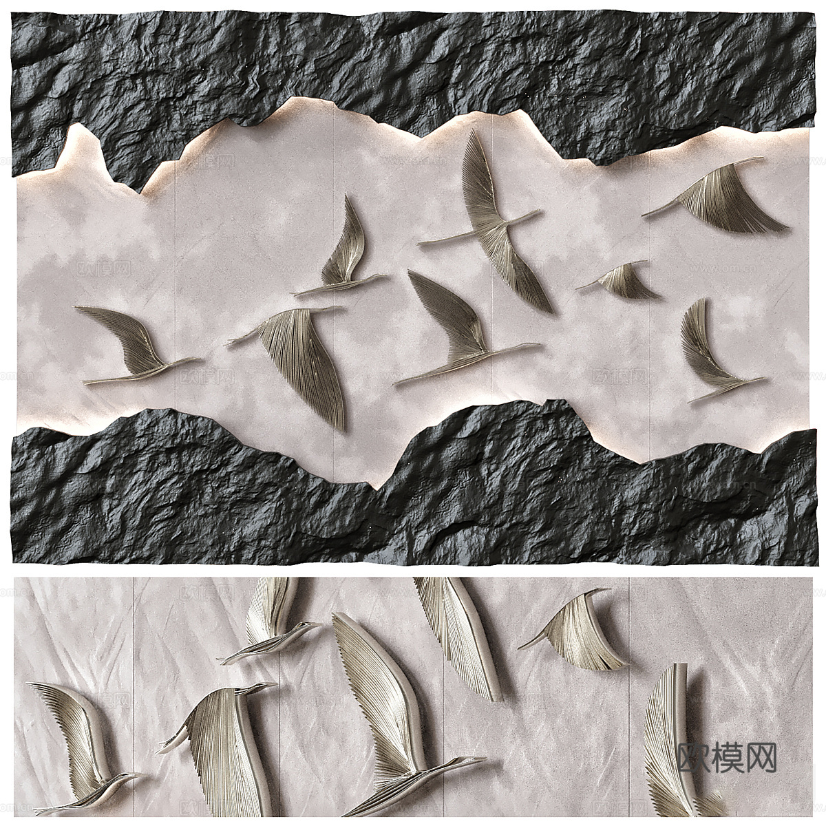 新中式轻奢飞鸟浅浮雕挂饰3d模型