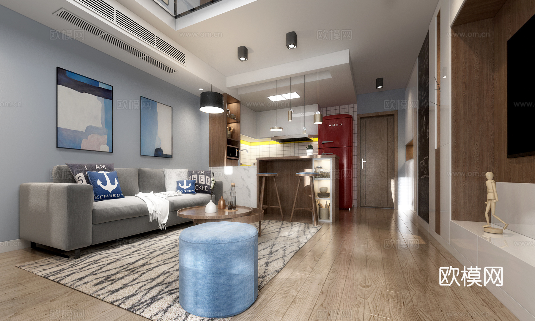 北欧LOFT复试客餐厅 卧室 吧台 开放式厨房3d模型