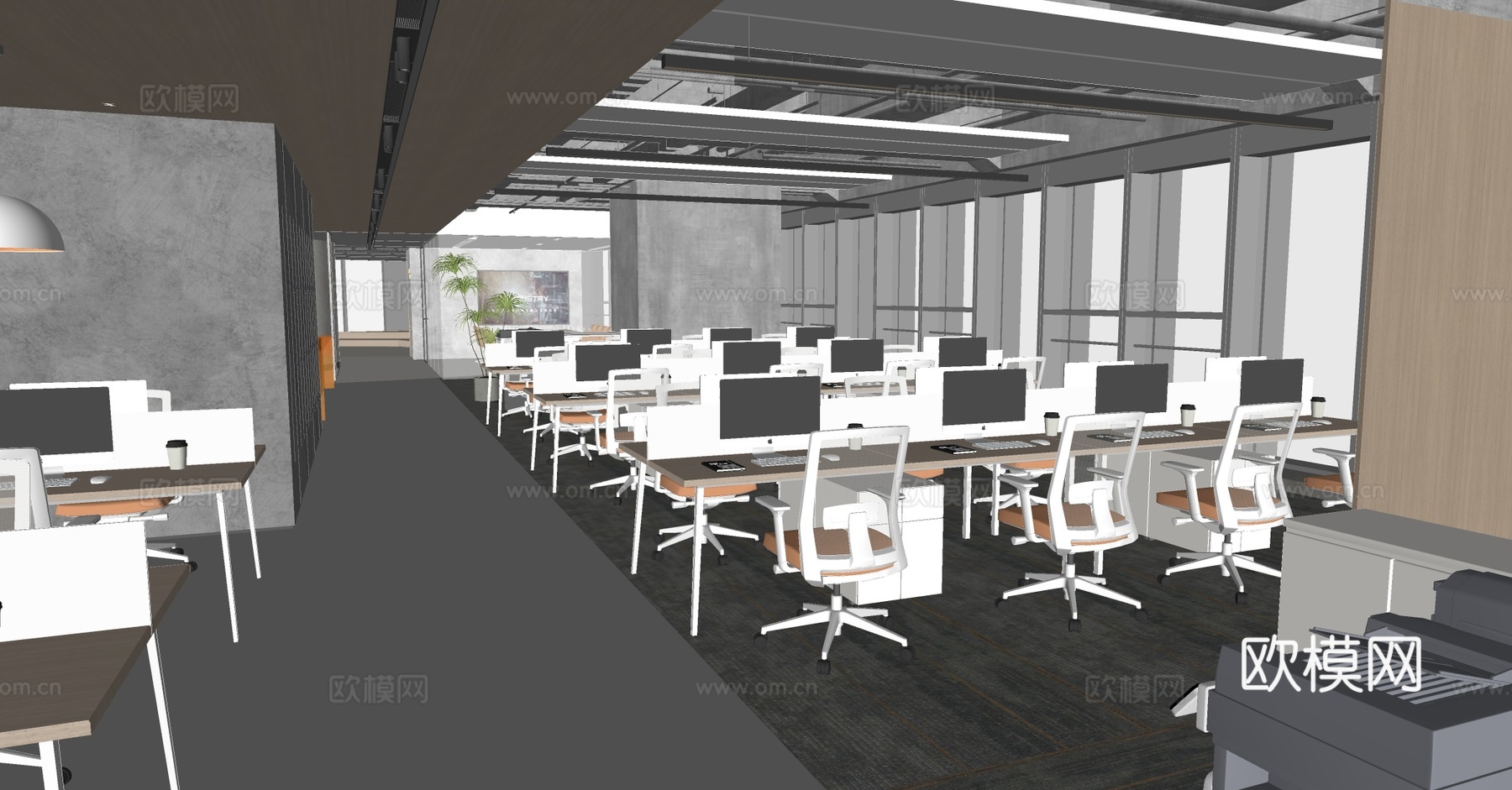 工业风办公室 公共办公区 开放式办公区 办公桌椅组合 办公区su模型