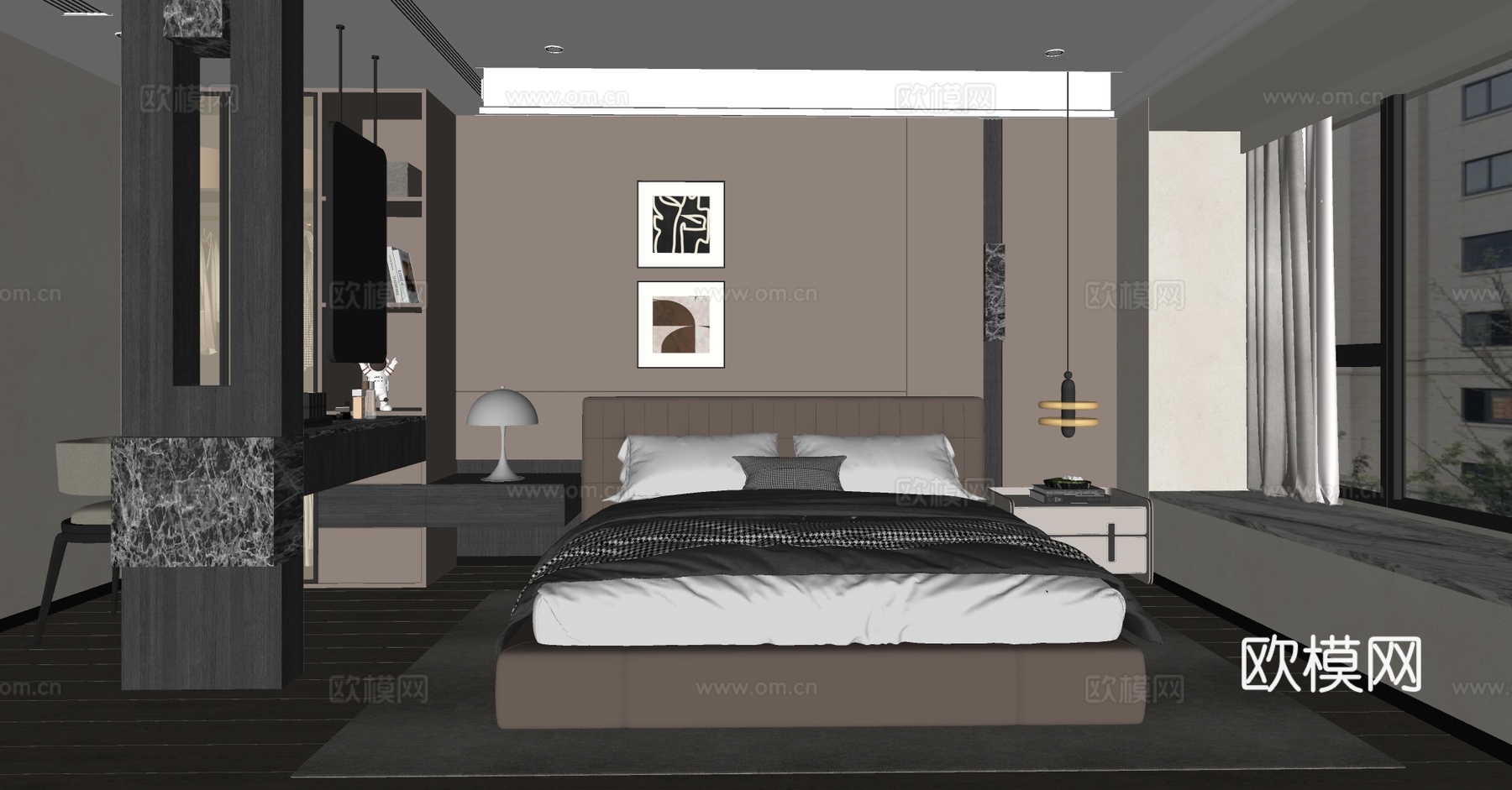 现代意式家居卧室 意式轻奢家居卧室 意式靠背双人床 无主灯su模型