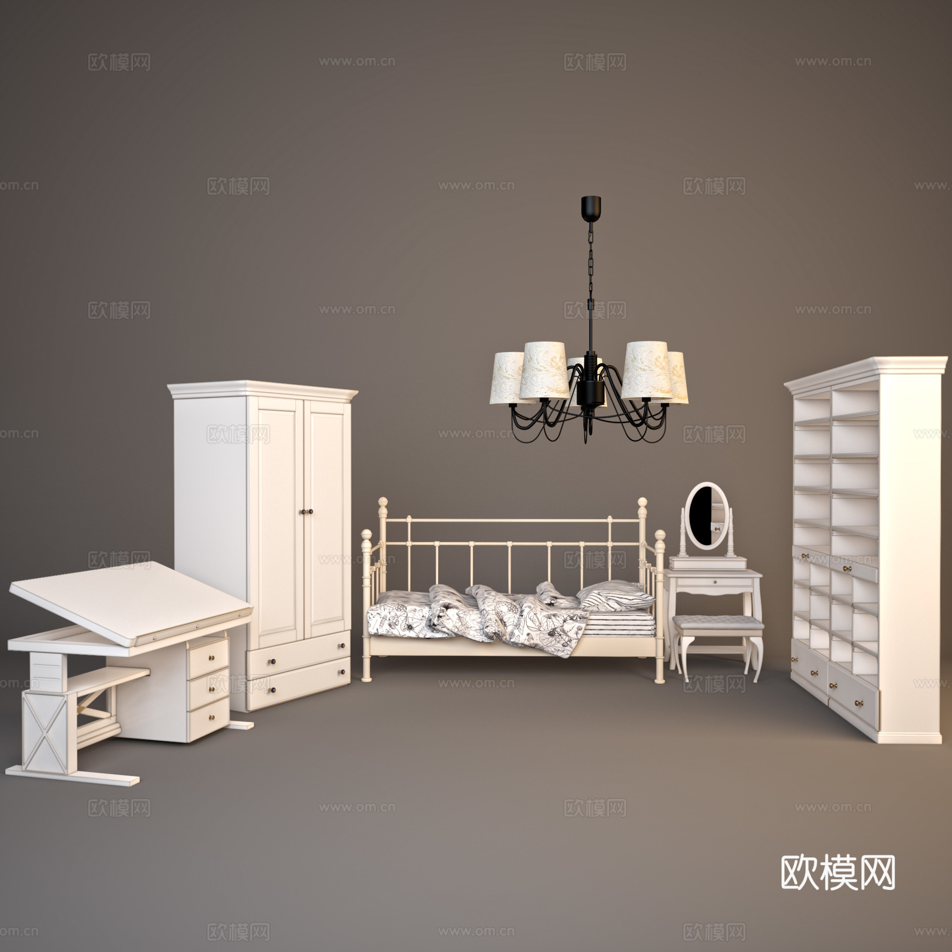 欧式单人床  衣柜  书柜 吊灯su模型