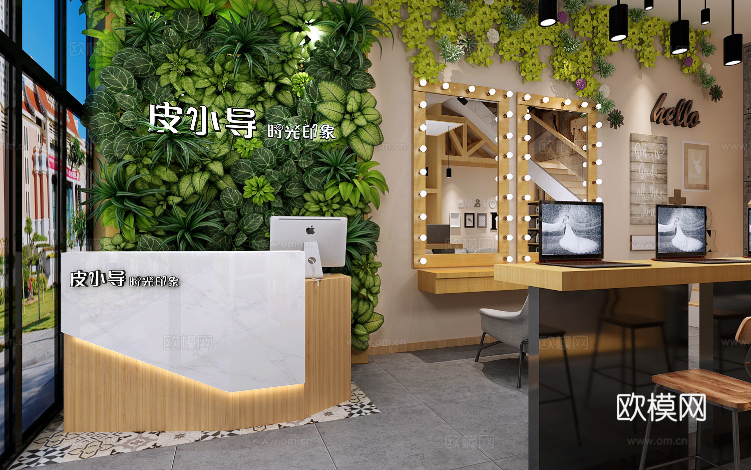 工业风婚纱店 绿植墙 相册展示 婚纱3d模型