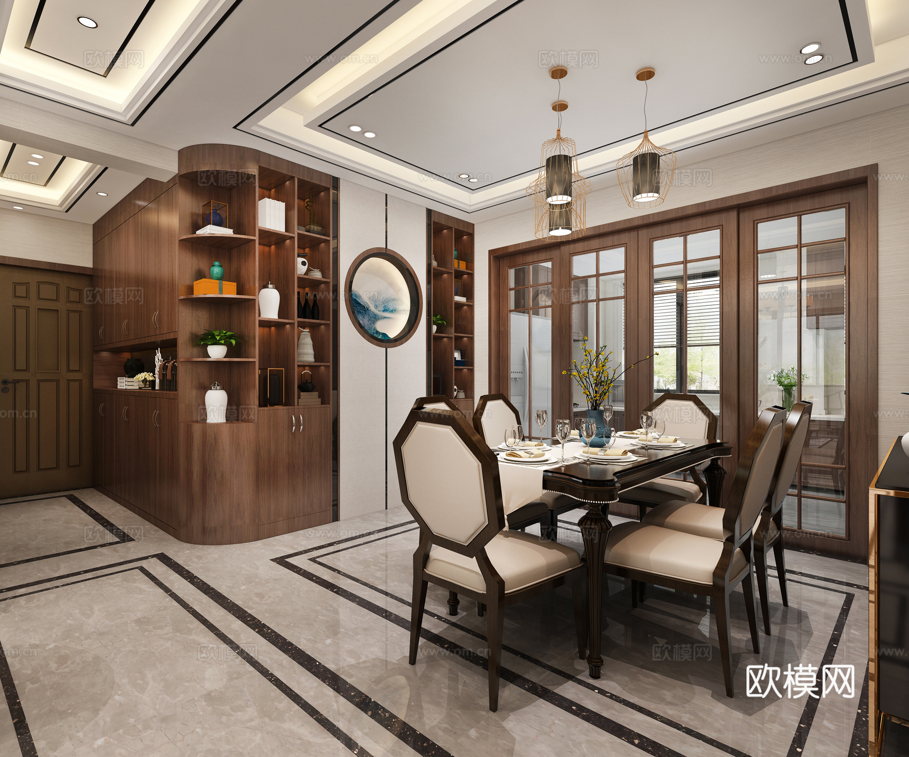 新中式客餐厅全景 新中式餐厅 新中式客厅 新中式沙发组合3d模型