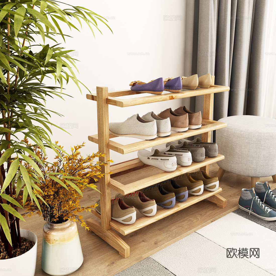 现代鞋架 鞋子饰品 窗帘 地毯模型3d模型