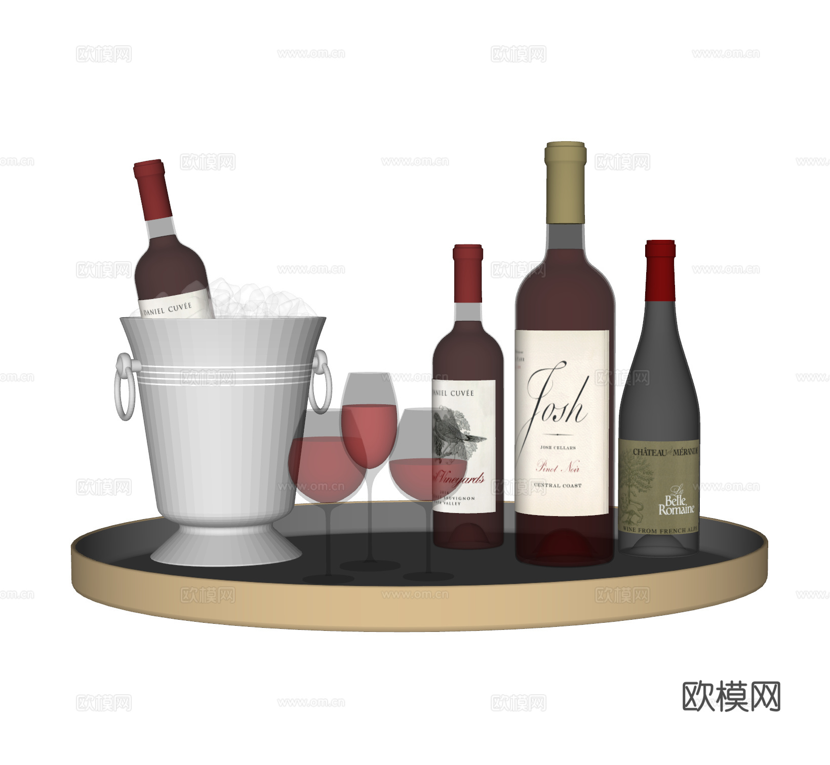 现代红酒 酒瓶 酒水 冰桶 酒杯 酒具su模型