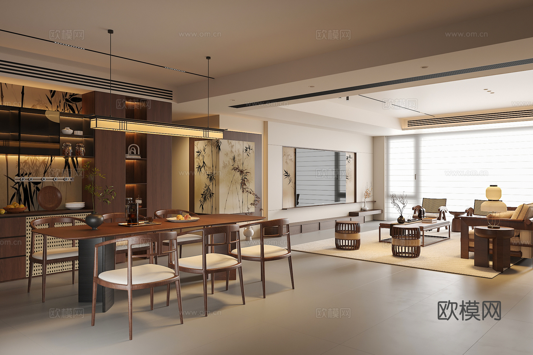 宋氏中古风客餐厅 沙发茶几组合 绿植 饰品摆件 台灯 吊灯3d模型