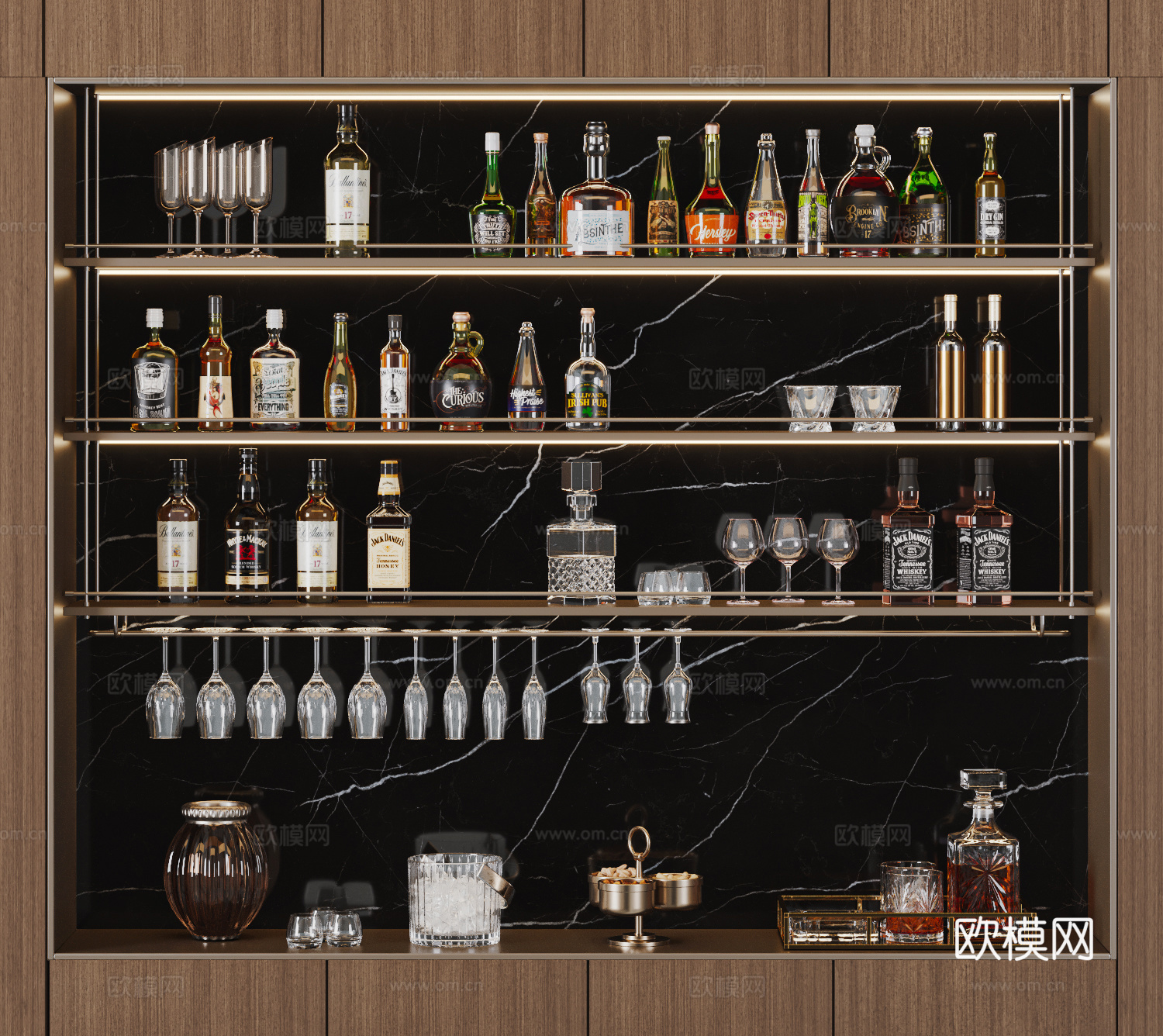 现代 意式 酒架 金属酒架 酒瓶酒水 酒具酒杯 红酒 洋酒3d模型