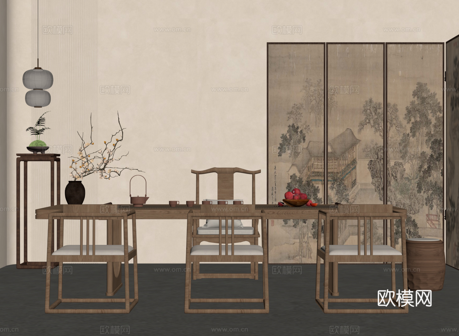 新中式茶室 茶桌椅组合 茶台 屏风su模型