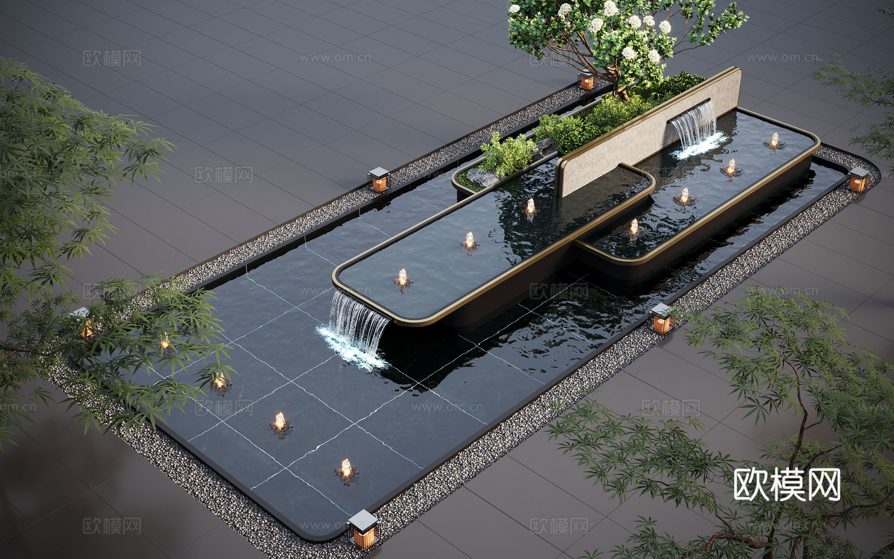现代水景观 庭院水景 水钵叠水 跌水3d模型