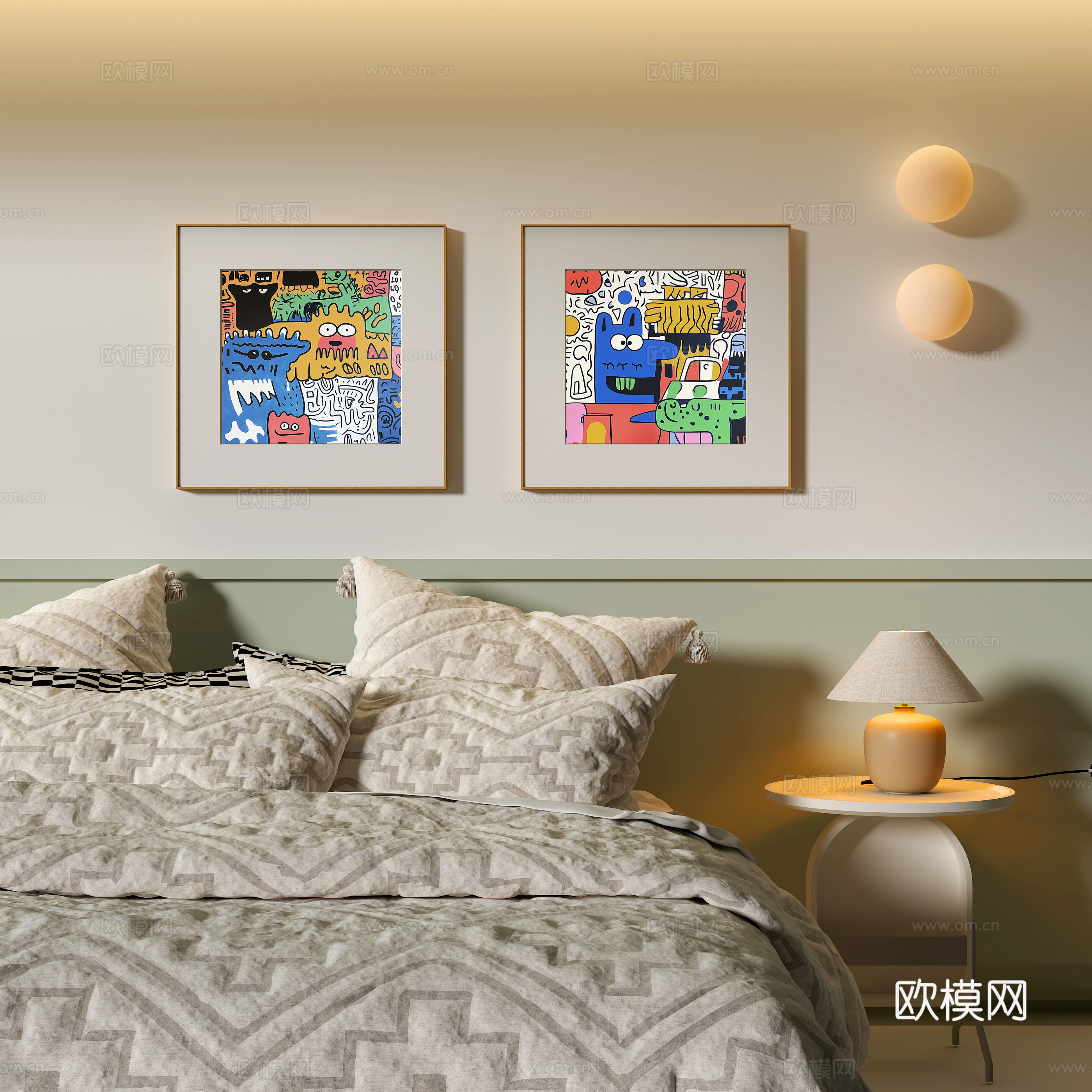 现代卧室装饰挂画 卡通挂画 台灯su模型