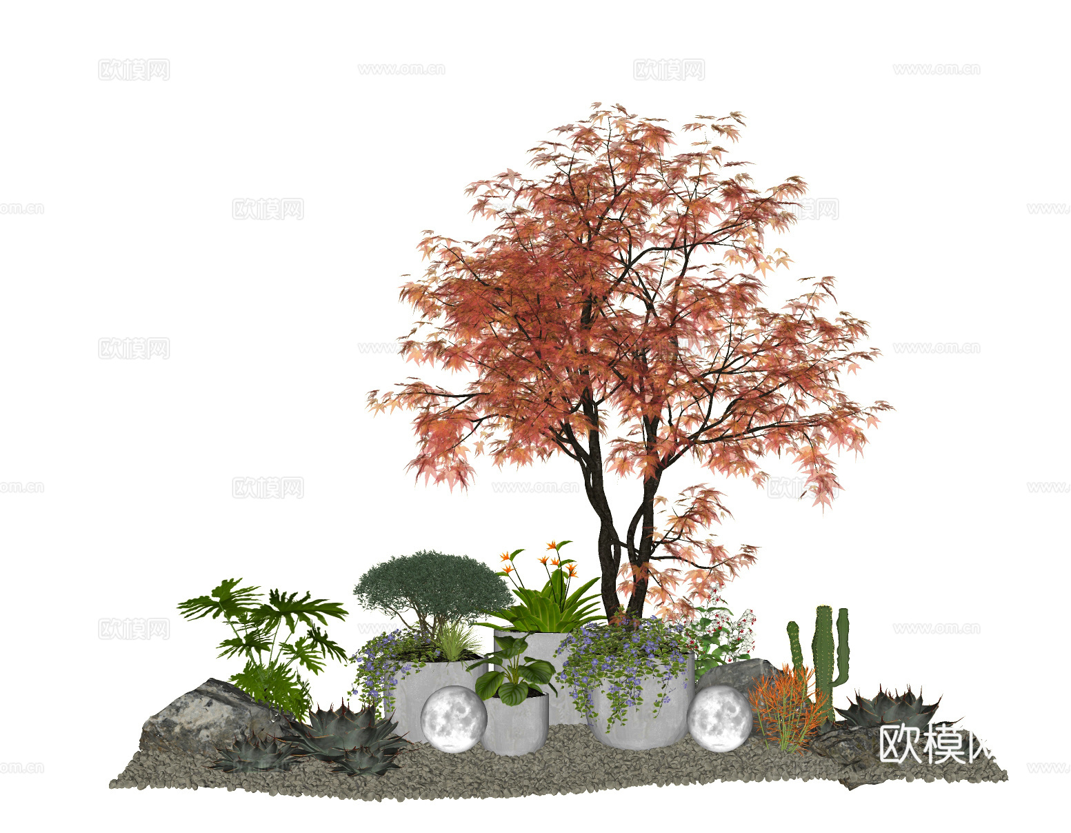 现代植物盆栽 红枫 景观造型树 花镜绿植堆免费su模型