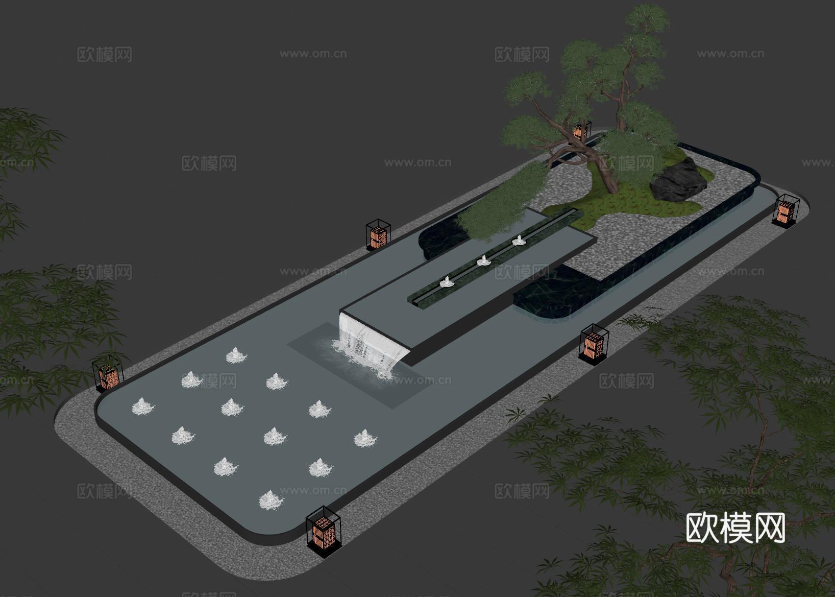 现代水景观 庭院水景 水钵叠水 跌水su模型