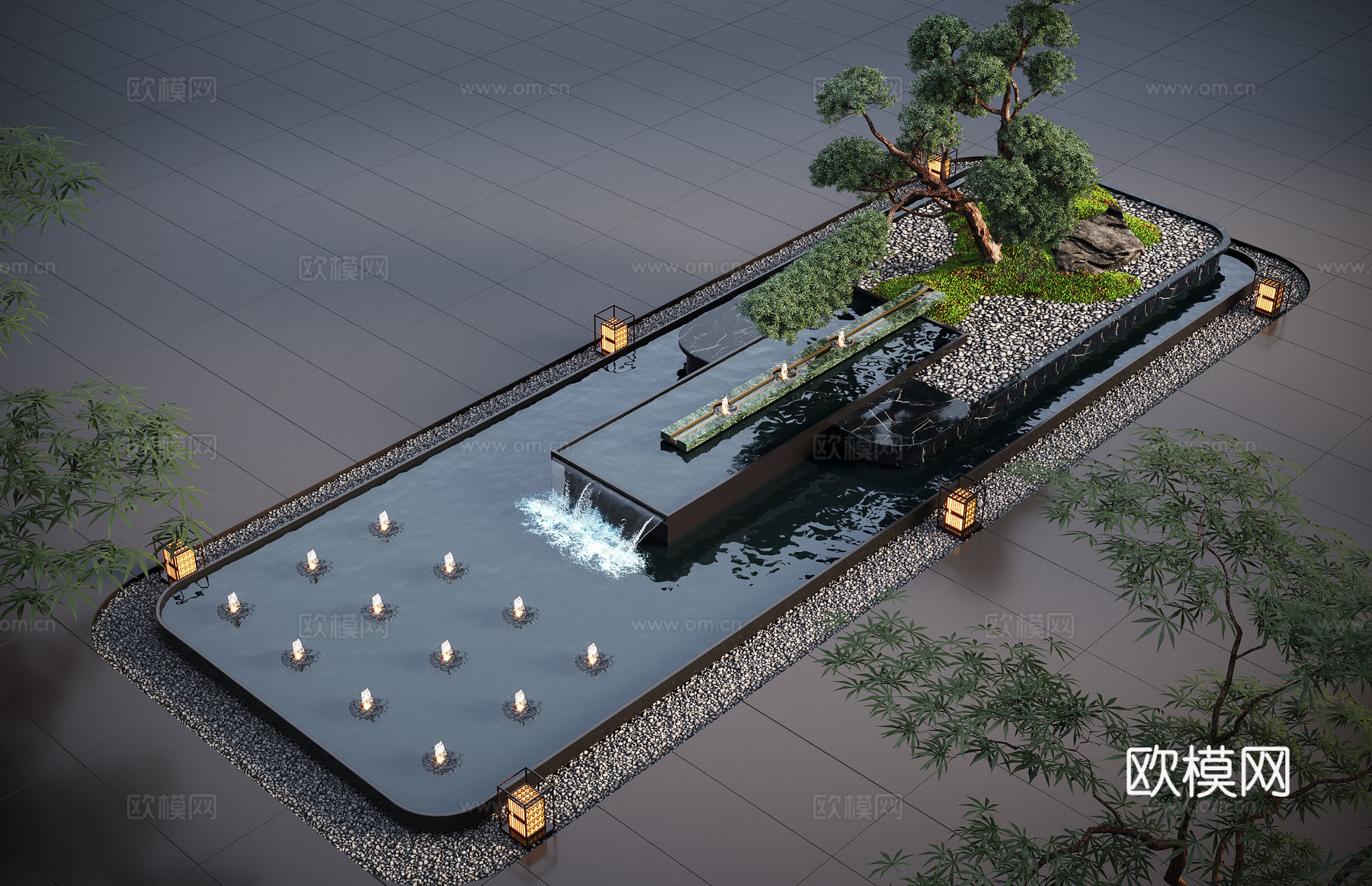 现代水景观 庭院水景 水钵叠水 跌水3d模型