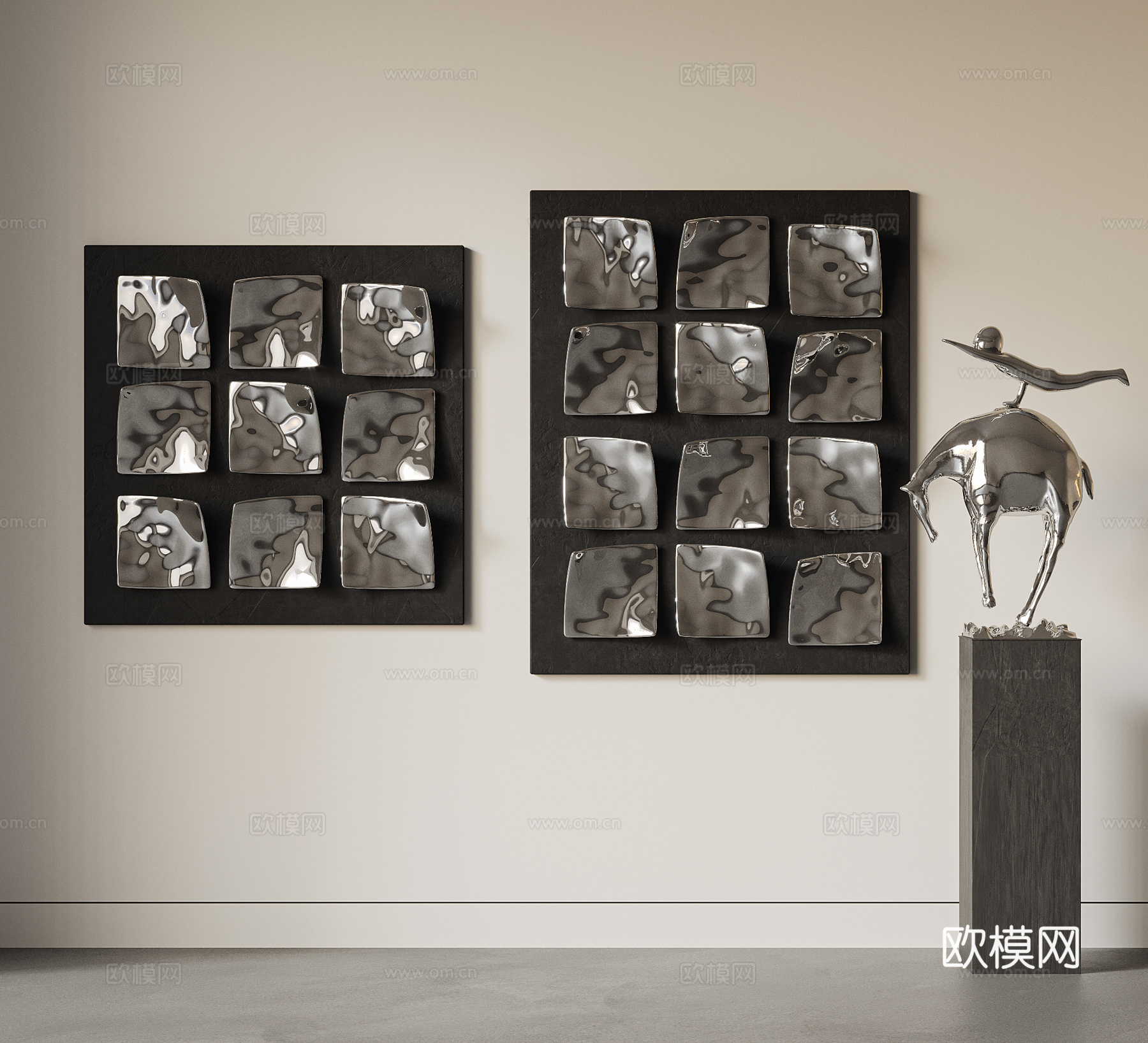现代挂画组合 装置 装饰画 水波纹不锈钢 金属墙饰 立体画3d模型
