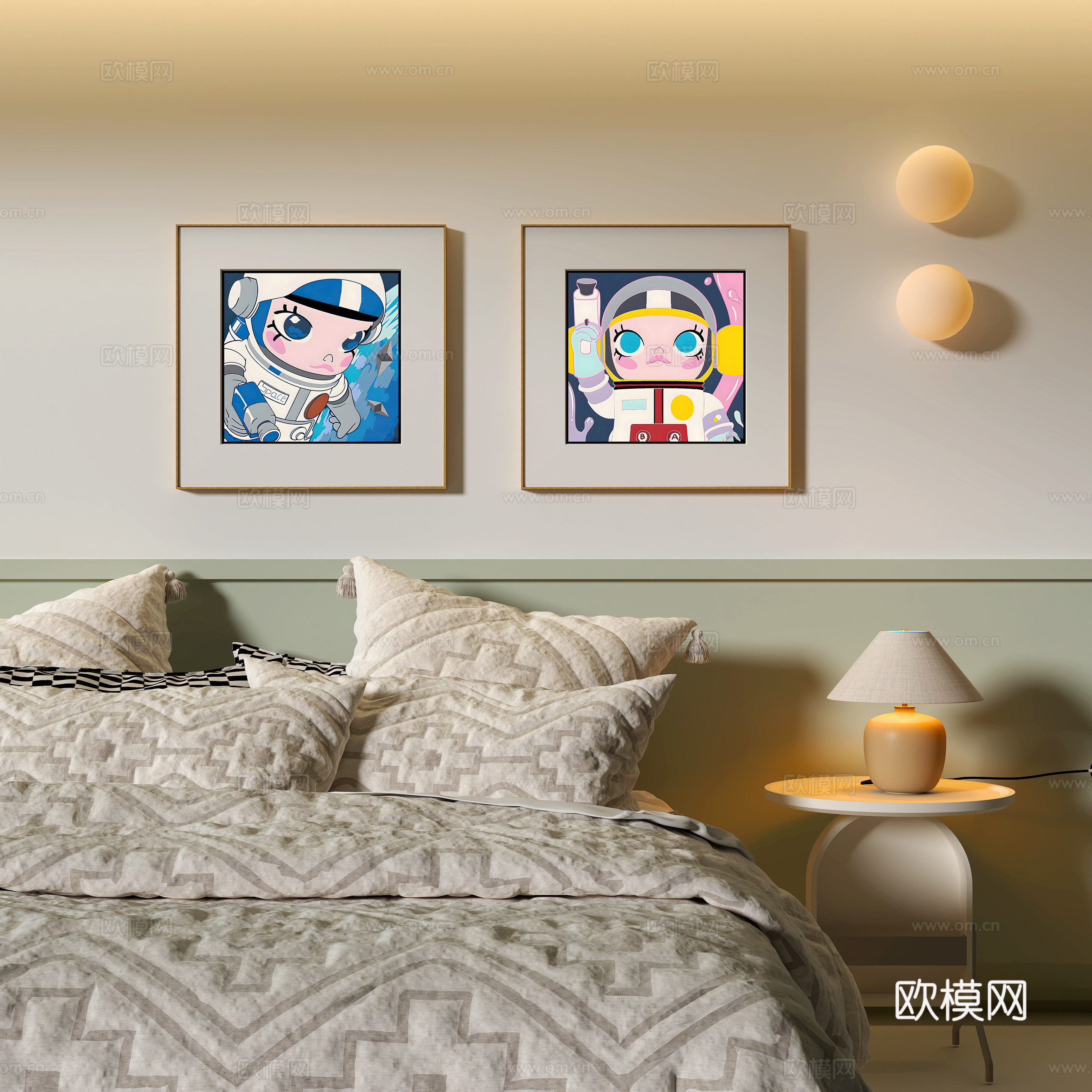 现代卧室装饰挂画 卡通挂画 台灯su模型