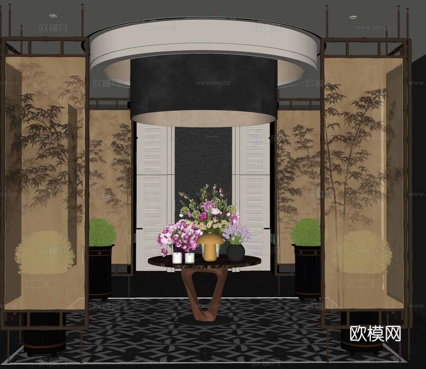 现代大厅 酒店大厅 会所大厅 花艺摆台组合 屏风隔断su模型