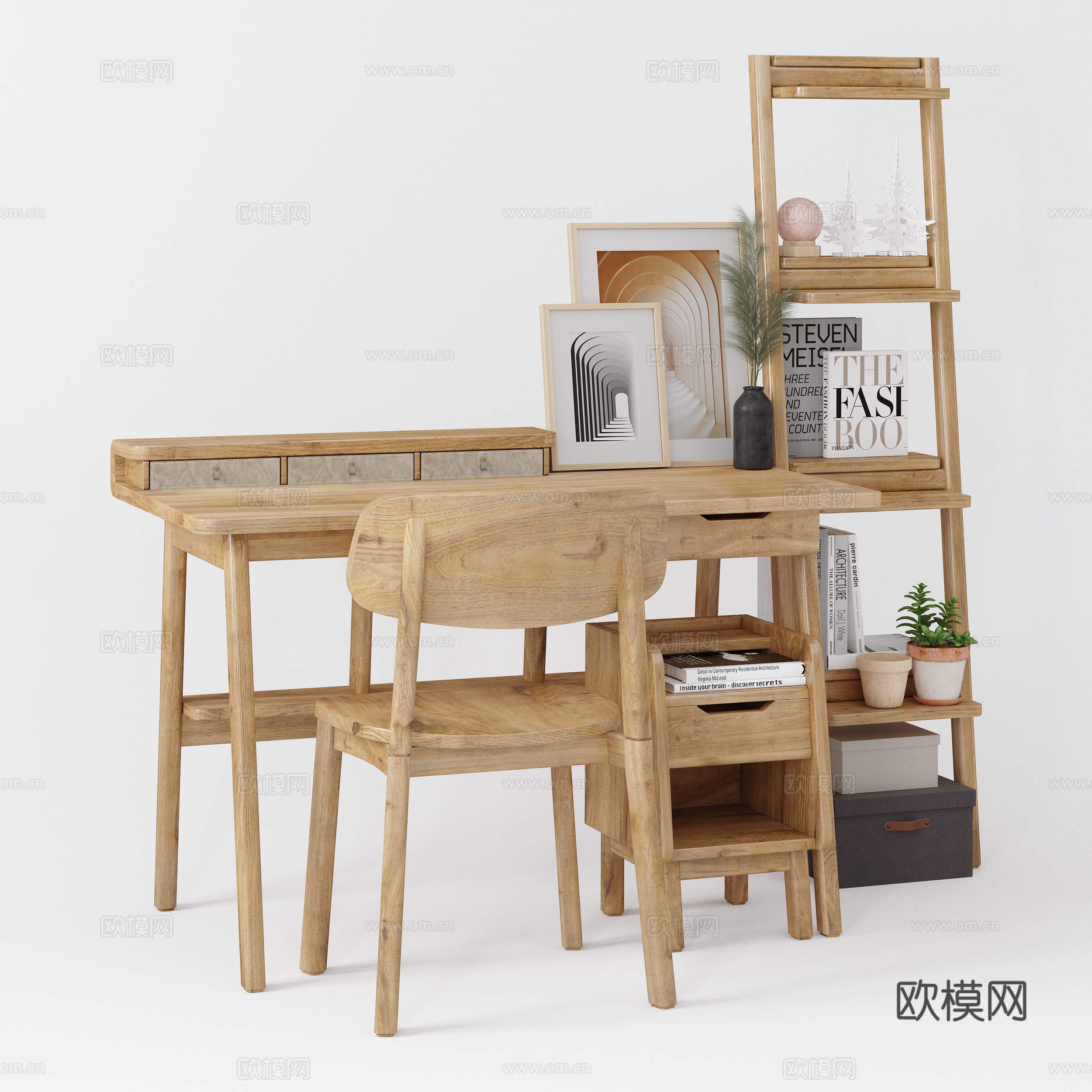 现代北欧原木风书桌椅3d模型