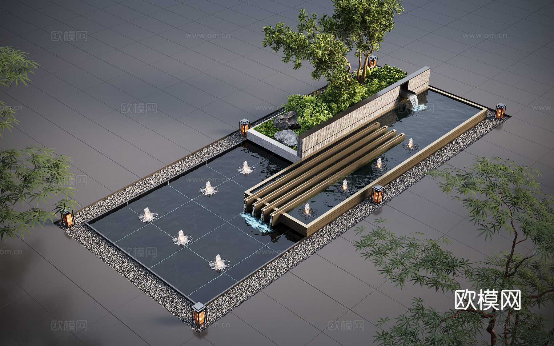 现代水景观 庭院水景 水钵叠水 跌水3d模型