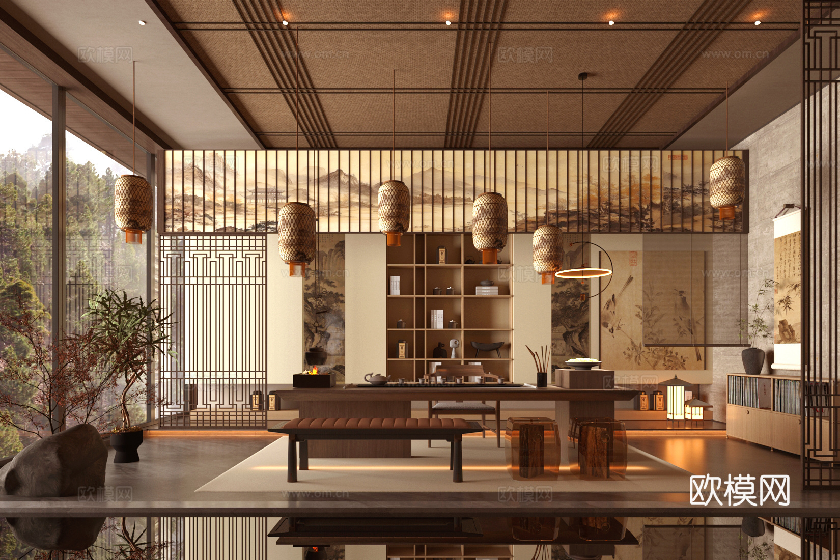 新中式禅意茶室 宋代名宿会所大厅 宋式美学茶室 茶餐厅包厢3d模型